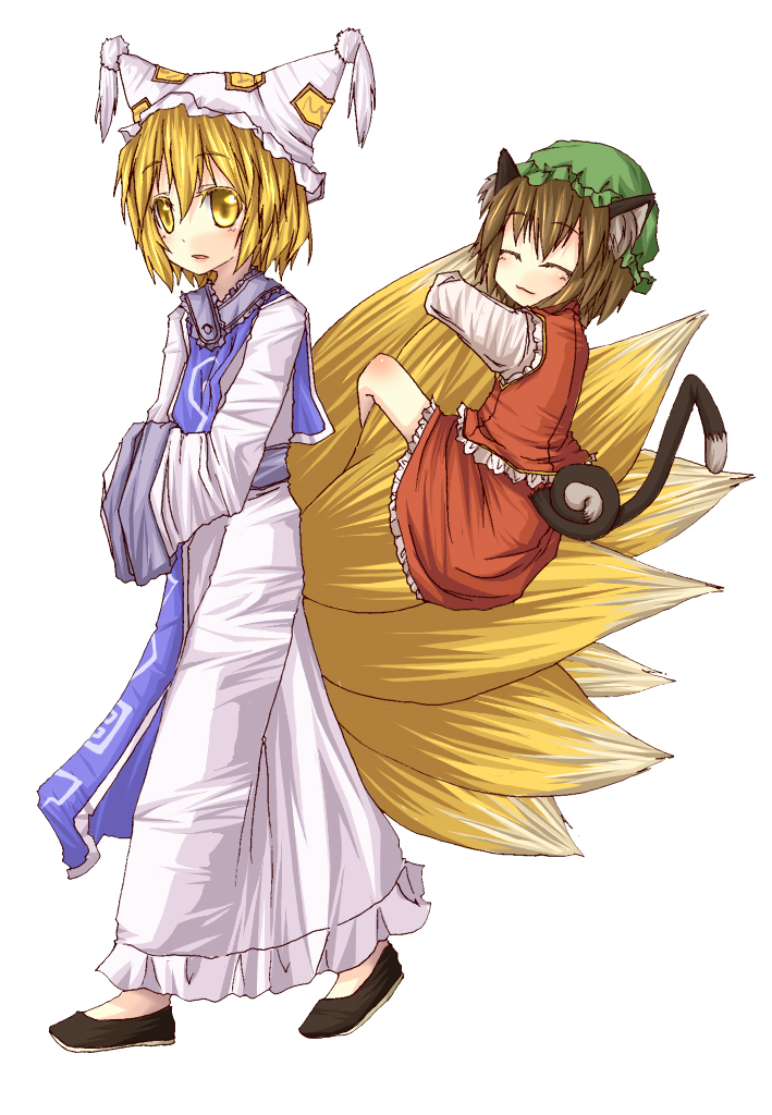 natsuk, chen, yakumo ran, touhou, bad id, bad pixiv id, 2girls, animal ears, animal hat, bad anatomy, blonde hair, cat ears, cat girl, cat tail, female focus, fox tail, hat, hug, hugging another's tail, hugging tail, long sleeves, mob cap, multiple girls, poorly drawn, shoes, short hair, tail, tassel, white background, wide sleeves