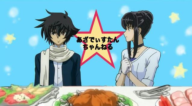 marina ismail, setsuna f. seiei, gundam, gundam 00, lucky star, 1boy, 1girl, bird, black hair, blue background, brown eyes, chicken, choker, collarbone, dark skin, expressionless, food, long sleeves, looking at viewer, lucky channel, own hands together, parody, plant, salad, scarf, sidelocks, simple background, upper body