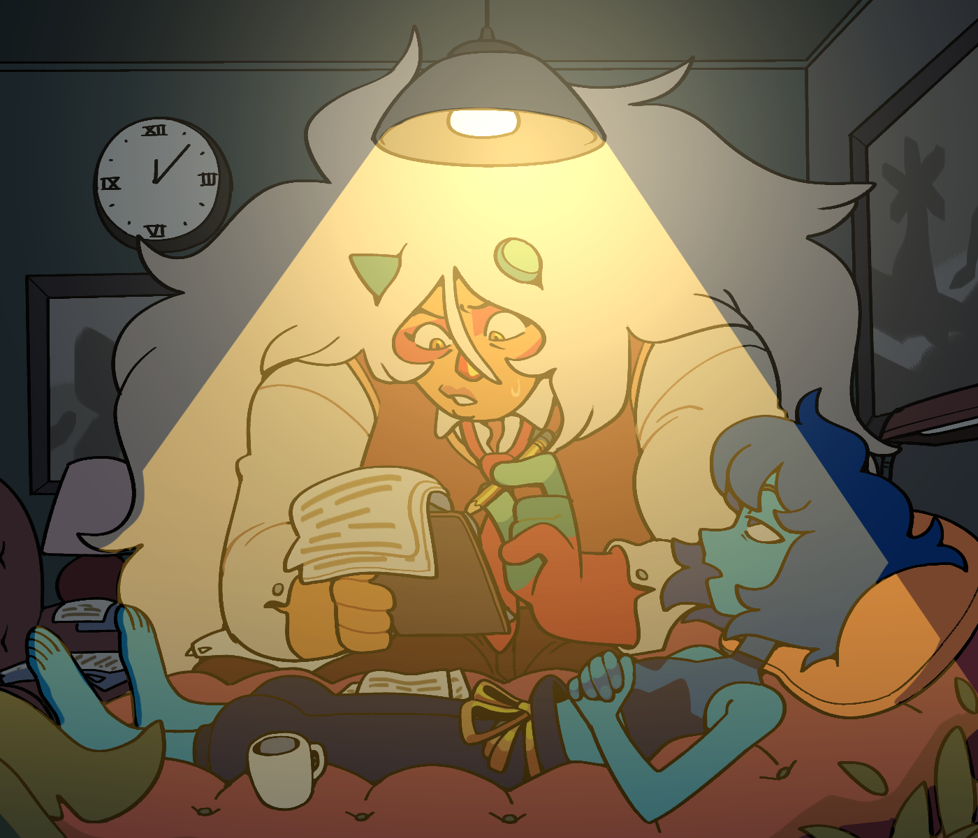 discount-supervillain, jasper (steven universe), lapis lazuli (steven universe), steven universe, highres, 2girls, alternate costume, broken horn, colored skin, gem, green horns, horns, jasper (post-corruption) (steven universe), jasper (species) (steven universe), lapis lazuli (species) (steven universe), long hair, multiple girls, muscular, muscular female, open mouth, orange skin, steven universe: future, striped skin, very long hair, white hair, yellow eyes