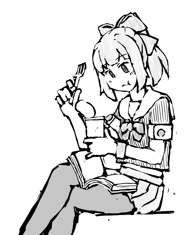 task (s task80), yuubari (kancolle), kantai collection, commentary request, 1girl, book, bow, bowtie, cup ramen, feet out of frame, fork, greyscale, hair bow, long hair, monochrome, pantyhose, pleated skirt, ponytail, reading, sailor collar, sailor shirt, school uniform, serafuku, shirt, short sleeves, sidelocks, skirt, solo
