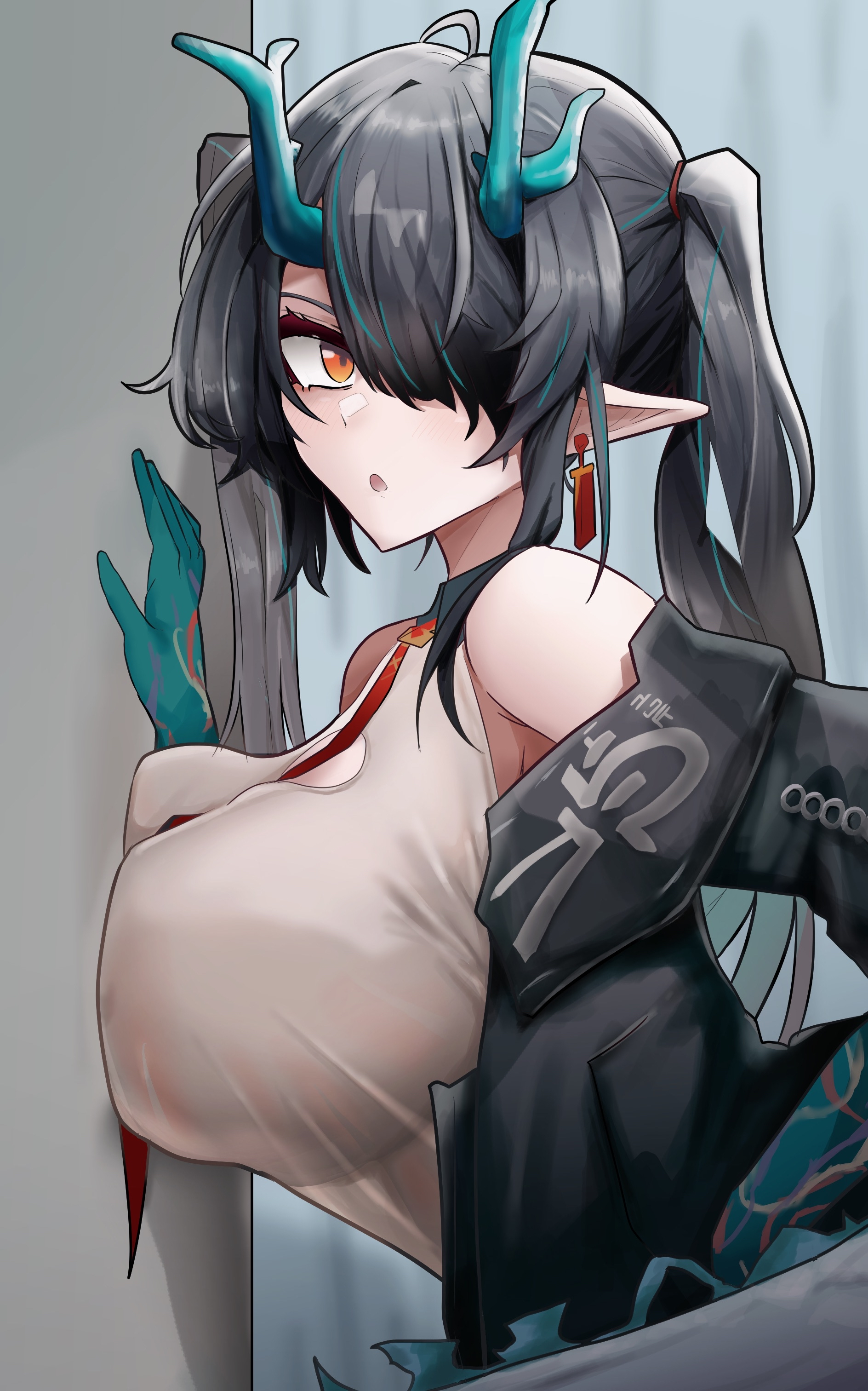 lastmatch500, dusk (arknights), arknights, absurdres, highres, 1girl, black hair, breast press, breasts, dragon girl, dragon horns, ear ornament, green hair, green hands, hair over one eye, horns, large breasts, open clothes, orange eyes, pointy ears, solo, striped hair, twintails, upper body