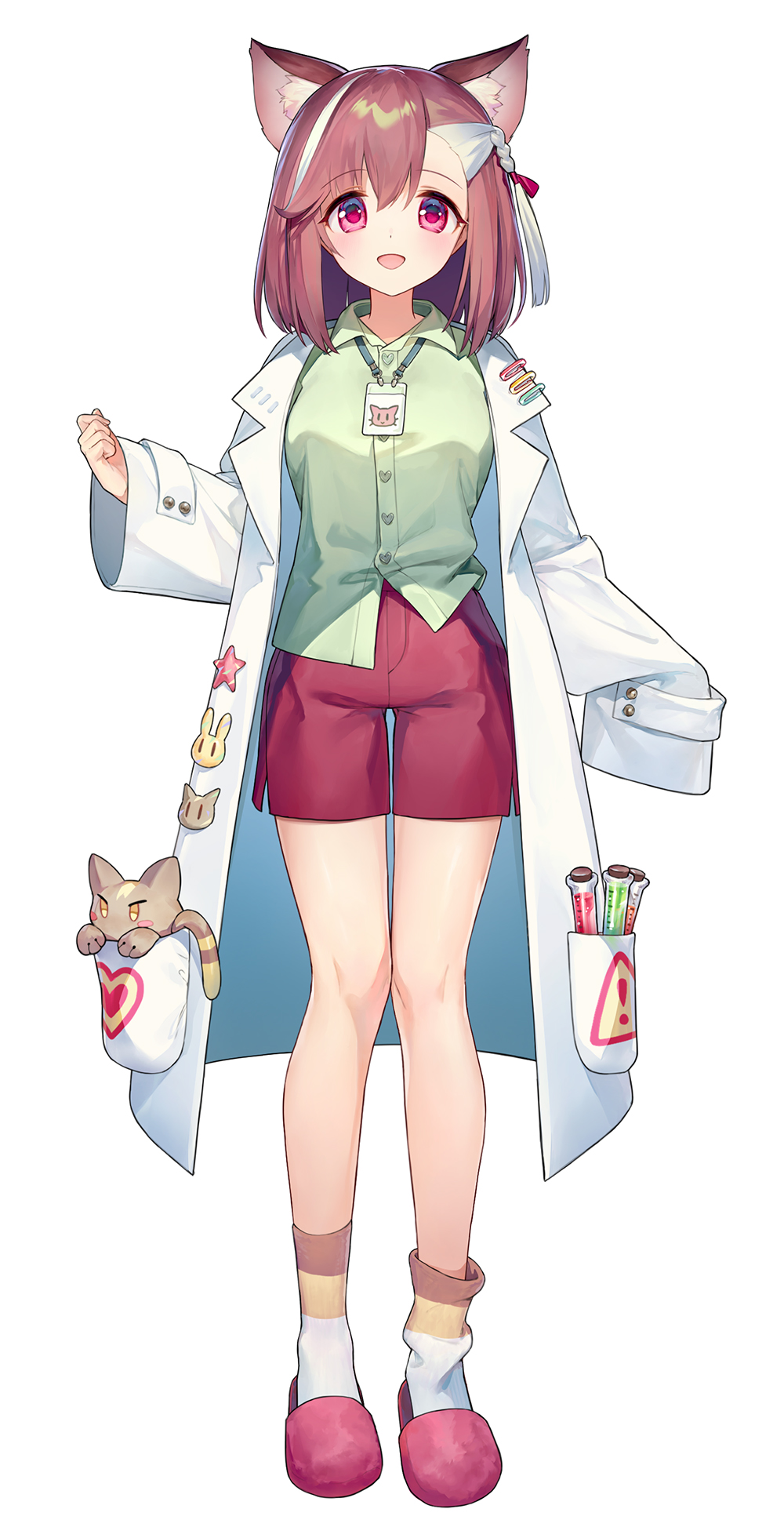 ainy, indie virtual youtuber, commentary request, highres, 1girl, :d, animal ear fluff, animal ears, blush, brown hair, buttons, cat ears, cat girl, collared shirt, full body, green shirt, kuraku noa, lab coat, long sleeves, looking at viewer, multicolored hair, open mouth, red eyes, red shorts, red slippers, shirt, short hair, shorts, simple background, single sleeve past fingers, slippers, smile, socks, solo, standing, two-tone hair, untucked shirt, virtual youtuber, white background, white hair, white socks