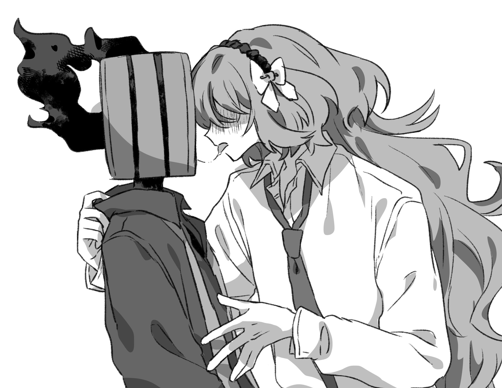 vmein 46, dante (limbus company), ishmael (project moon), limbus company, project moon, highres, 1girl, 1other, after kiss, clock, flaming head, greyscale, monochrome, object head, other with female, saliva, saliva trail, simple background, tongue, upper body, white background