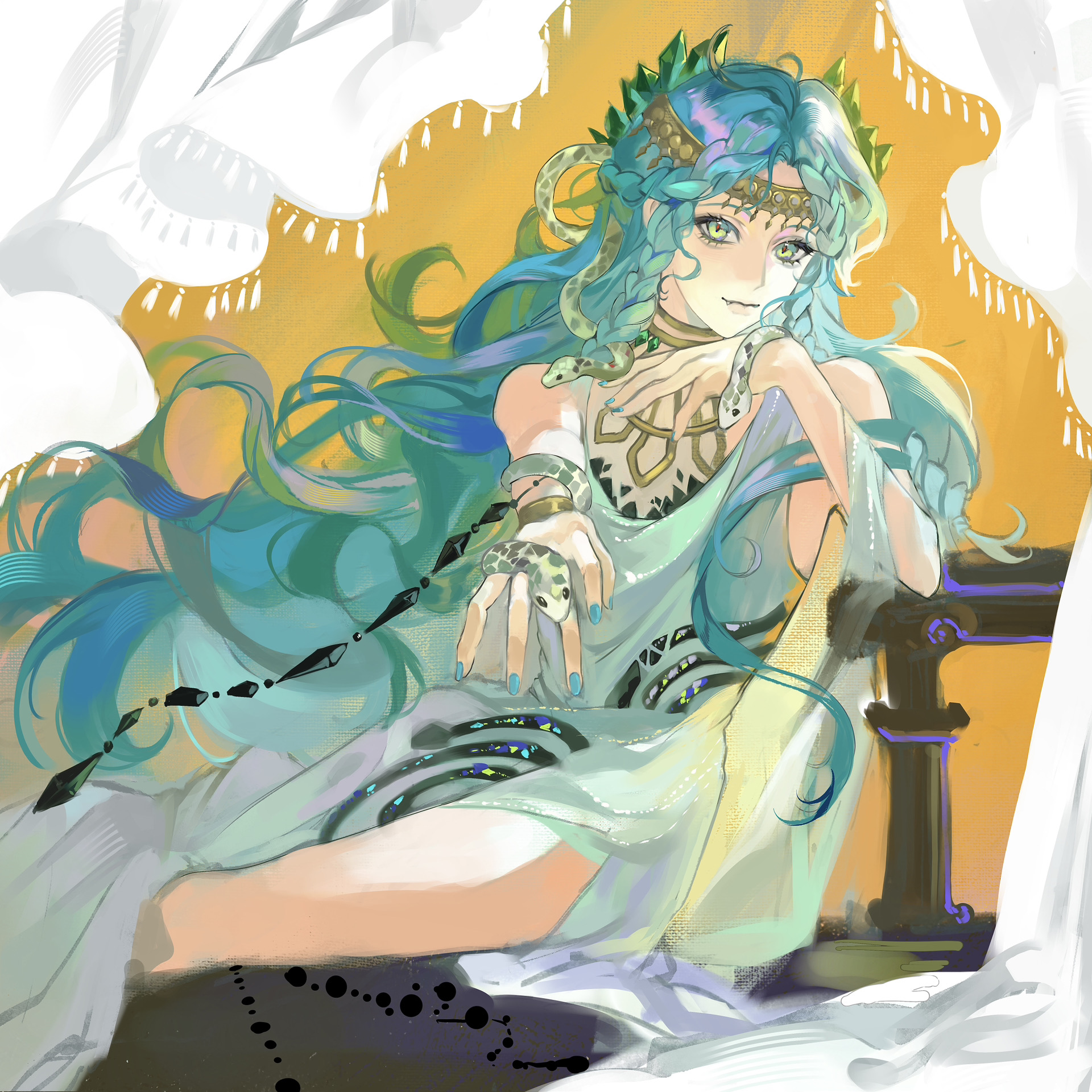 hissabeth, reverse:1999, highres, 1girl, bare shoulders, blue hair, closed mouth, curtains, dress, elbow on table, fang, fang out, feet out of frame, gem, gem hair ornament, gold choker, gold headband, green eyes, green gemstone, hands up, long dress, long hair, looking at viewer, official alternate costume, outstretched arm, red pupils, saigao jiang, side slit, sitting, sleeveless, sleeveless dress, slit pupils, smile, snake, snake on head, snake wrapped around arm, solo, table, very long hair, white dress, yellow background, yokozuwari