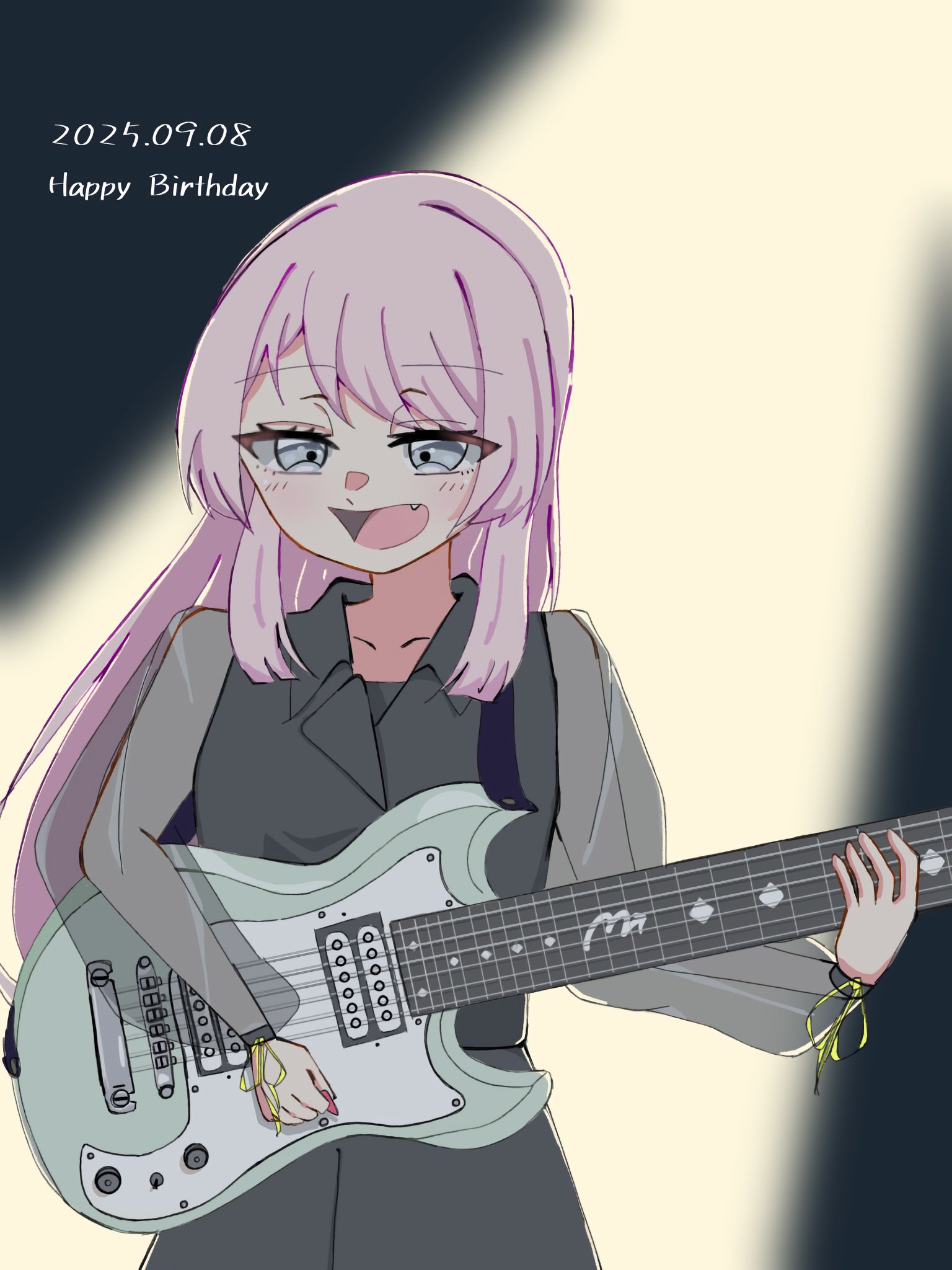 chihaya anon, bang dream!, bang dream! it's mygo!!!!!, highres, blush, dress, fang, grey eyes, guitar, instrument, long hair, long sleeves, multiple girls, open mouth, pink hair, shiozukenamako
