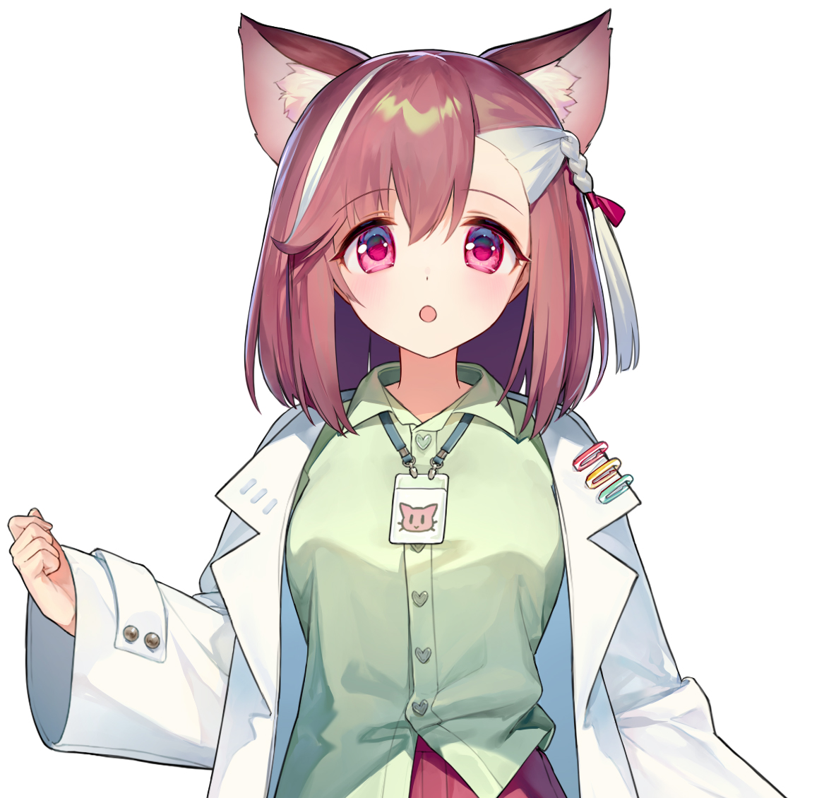 ainy, indie virtual youtuber, commentary request, 1girl, :o, animal ear fluff, animal ears, blush, brown hair, buttons, cat ears, cat girl, collared shirt, green shirt, kuraku noa, lab coat, long sleeves, looking at viewer, multicolored hair, open mouth, red eyes, shirt, short hair, simple background, solo, two-tone hair, untucked shirt, upper body, virtual youtuber, white background, white hair