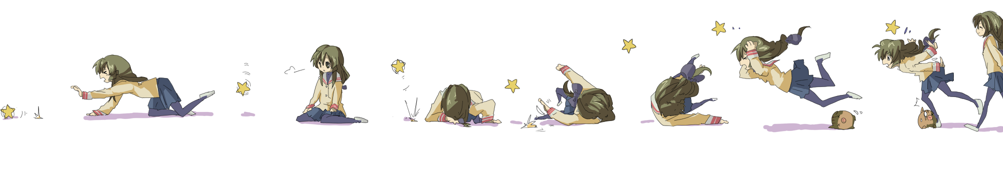 garuan, botan (clannad), ibuki fuuko, clannad, bad id, bad pixiv id, highres, long image, wide image, 00s, boar, pantyhose, pig, sequential, sitting, star (symbol), tripping