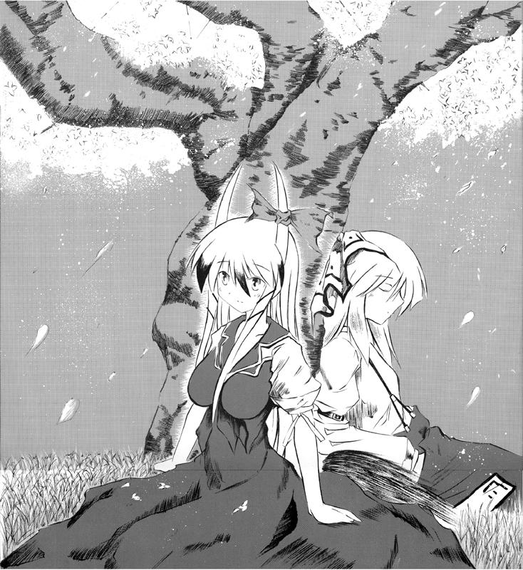 aogi, ex-keine, fujiwara no mokou, kamishirasawa keine, touhou, bad id, bad pixiv id, 2girls, breasts, closed eyes, dress, female focus, greyscale, hand in pocket, horn ornament, horn ribbon, horns, long hair, monochrome, multiple girls, outdoors, petals, puffy short sleeves, puffy sleeves, ribbon, short sleeves, sitting, suspenders, tree