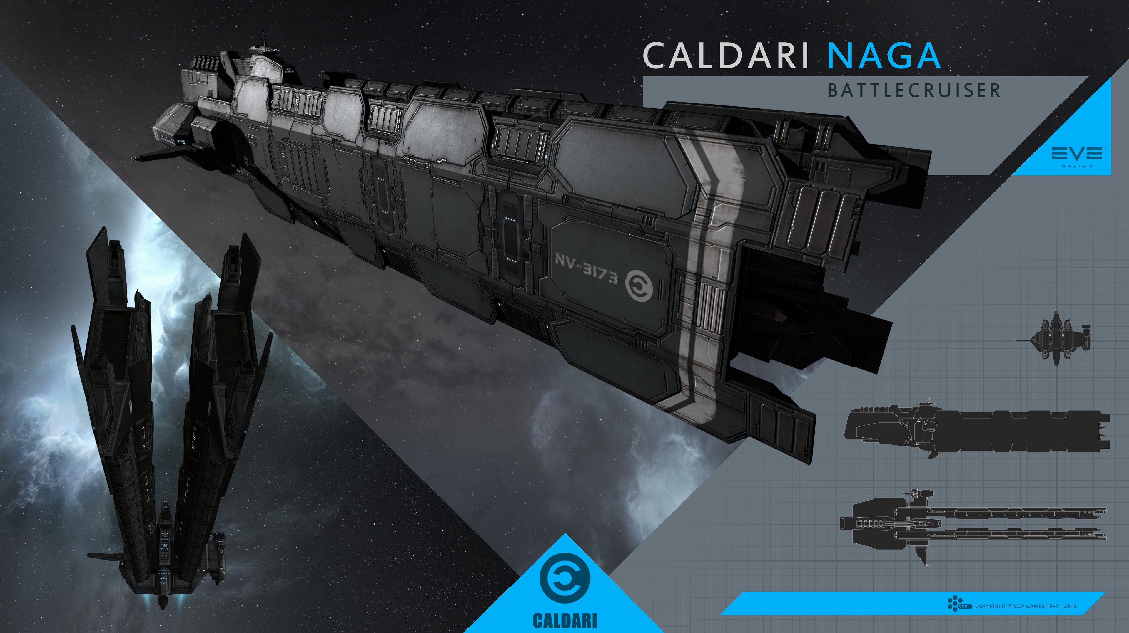 eve online, absurdres, commentary, english commentary, highres, maya (medium), official art, 3d, attack ship (eve online), battlecruiser (eve online), caldari state (eve online), cloud, company logo, company name, copyright logo, copyright name, dated, english text, flying, grey background, grid, hyasyoda corporation (eve online), logo, military vehicle, multiple views, naga (eve online), nebula, no humans, outdoors, reference sheet, science fiction, space, spacecraft, star (sky), starry sky background, vehicle focus, vehicle name, ymir jonsson