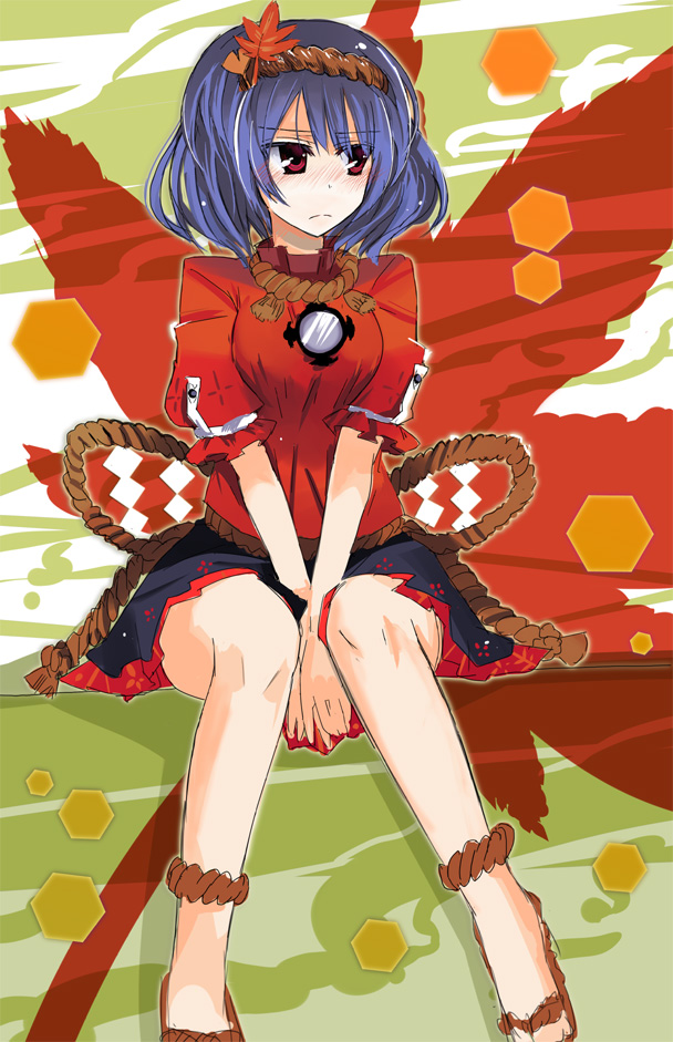 gotyou, yasaka kanako, touhou, looking away, bad id, bad pixiv id, 1girl, averting eyes, blue hair, blush, female focus, hair ornament, leaf, leaf hair ornament, mirror, red eyes, rope, sandals, shimenawa, short hair, shy, sitting, solo, v arms, zouri