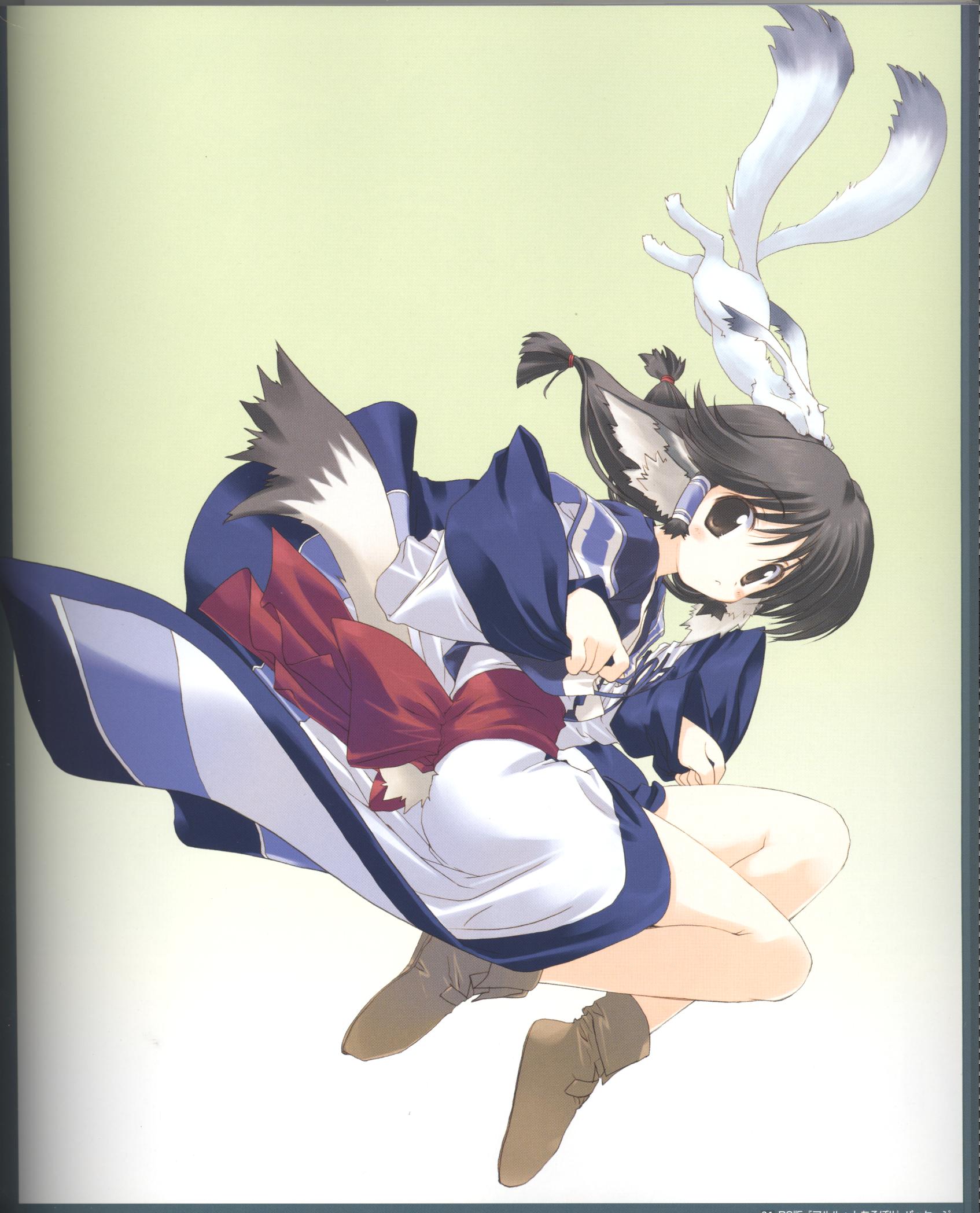 aruruu, utawarerumono, highres, non-web source, scan, 00s, 1girl, animal ears, ankle boots, bare legs, black border, black hair, blush, boots, border, bow, brown boots, brown hair, closed mouth, creature, female focus, full body, gradient background, horns, japanese clothes, jumping, kimono, long hair, long sleeves, looking at viewer, looking to the side, low-tied long hair, midair, no legwear, red bow, sash, single horn, solo, tail, tareme, wide sleeves