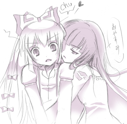 mashiro (k mashiro), fujiwara no mokou, houraisan kaguya, touhou, bad id, bad pixiv id, lowres, translated, 2girls, bow, female focus, hair bow, kiss, long hair, monochrome, multiple girls, purple theme, yuri
