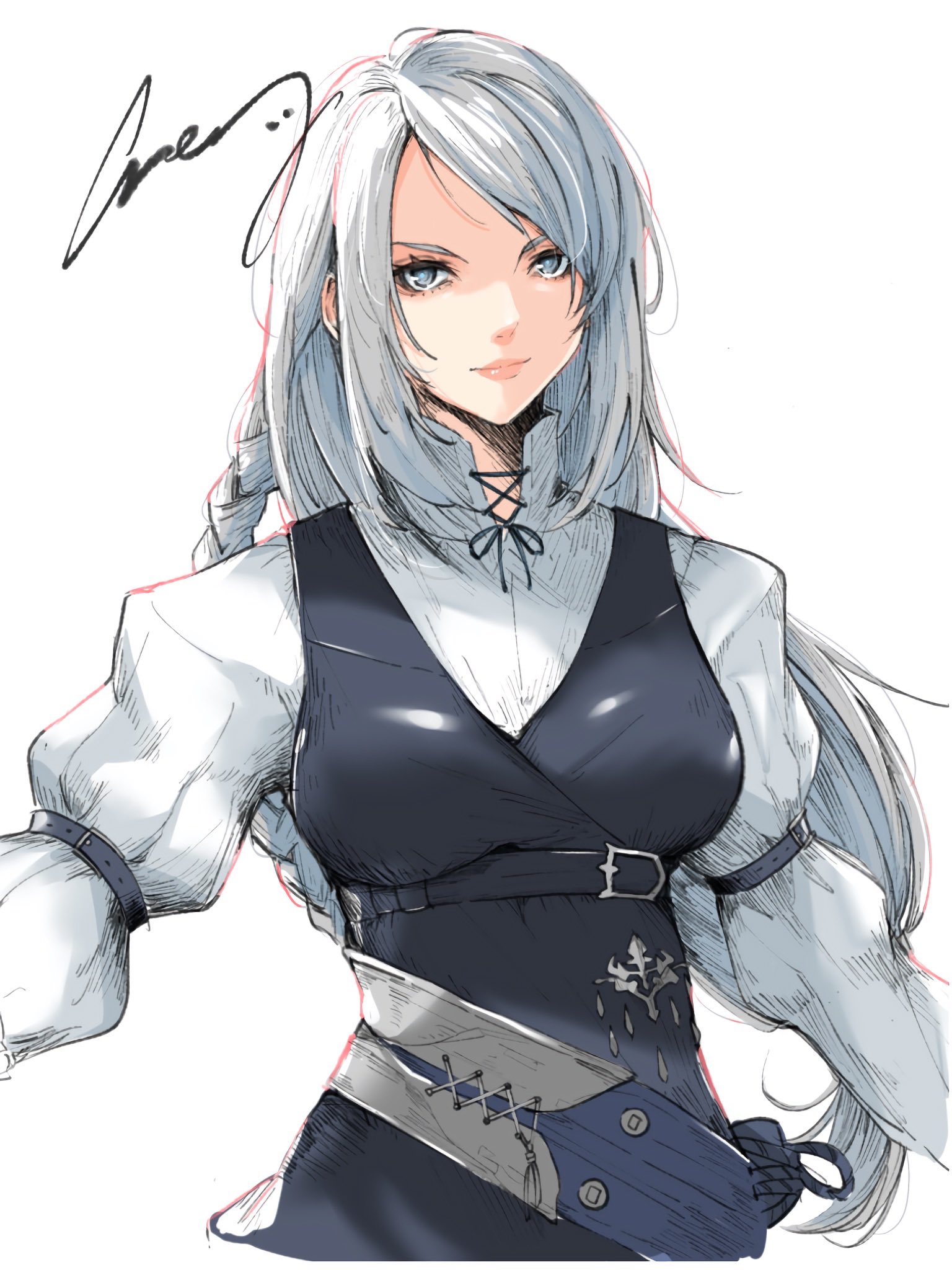 crazy02oekaki, jill warrick, final fantasy, final fantasy xvi, highres, 1girl, braid, grey eyes, grey hair, leather, leather vest, light smile, long hair, looking at viewer, low-tied long hair, neck ribbon, ribbon, simple background, single braid, smile, solo, vest