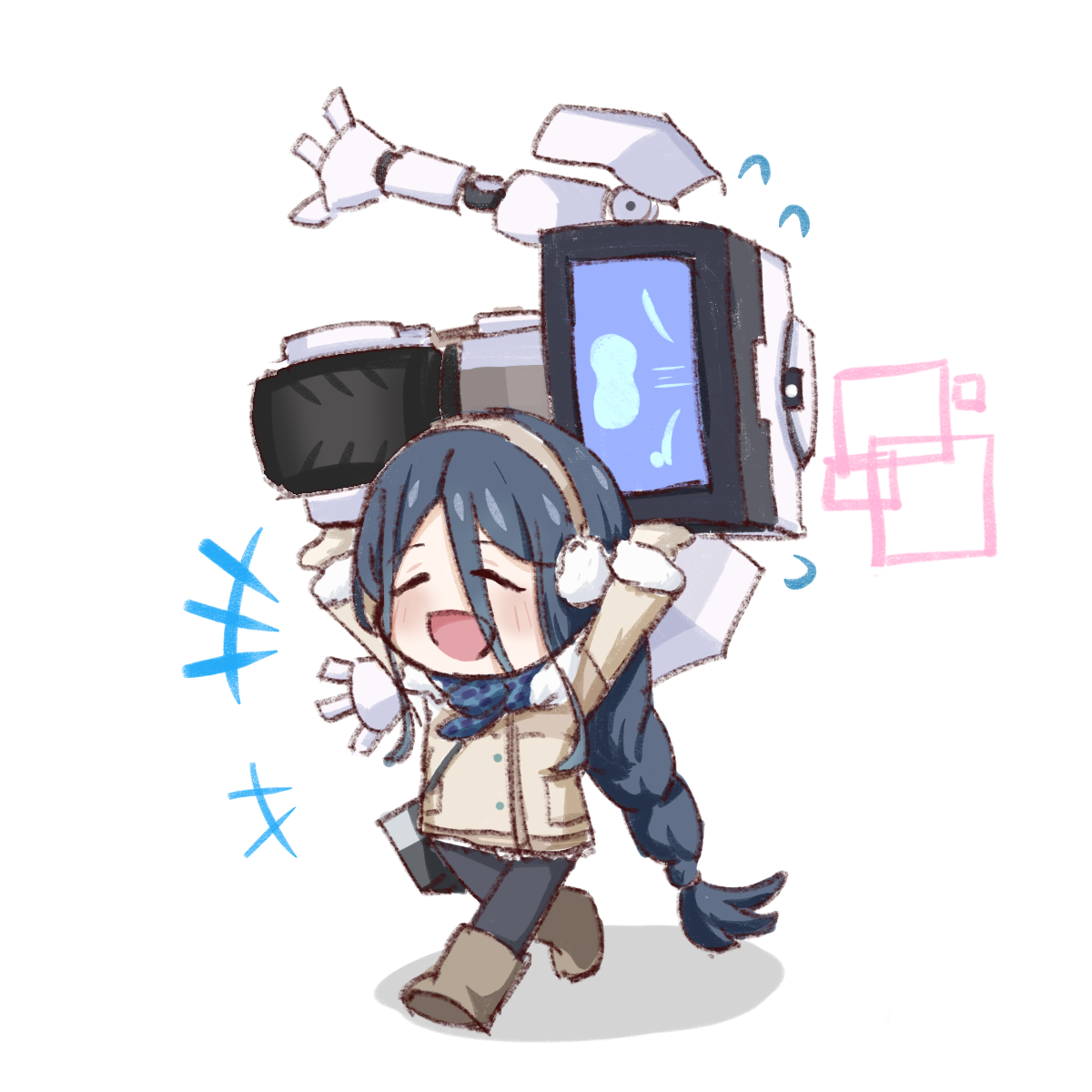 karen neco, aris (blue archive), aris (winter) (blue archive), kei (amas) (blue archive), blue archive, commentary, highres, symbol-only commentary, +++, 1girl, :d, absurdly long hair, arms up, bag, black hair, black pantyhose, blue scarf, blush, boots, braid, brown boots, brown coat, brown mittens, buttons, carrying, chibi, chibi only, closed eyes, coat, earmuffs, eyes visible through hair, flying sweatdrops, full body, fur-trimmed coat, fur-trimmed sleeves, fur trim, hair between eyes, halo, happy, long bangs, long hair, long hair between eyes, long sidelocks, long sleeves, mittens, mouth visible through hair, non-humanoid robot, official alternate costume, official alternate hairstyle, open mouth, pantyhose, pink halo, pocket, rectangular halo, robot, scarf, screen, shadow, shoulder bag, sidelocks, simple background, single braid, skirt, smile, very long hair, walking, wavy mouth, white background, white skirt, winter clothes, winter coat