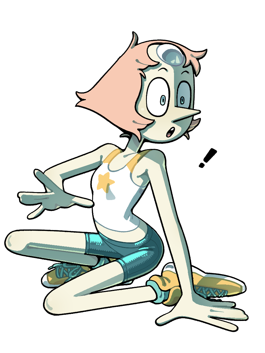 discount-supervillain, pearl (steven universe), steven universe, highres, 1girl, alternate costume, breasts, casual, forehead jewel, gem, open mouth, pale skin, pearl (gemstone), pearl (species) (steven universe), pointy nose, shirt, short hair, skinny, small breasts, solo, star (symbol)