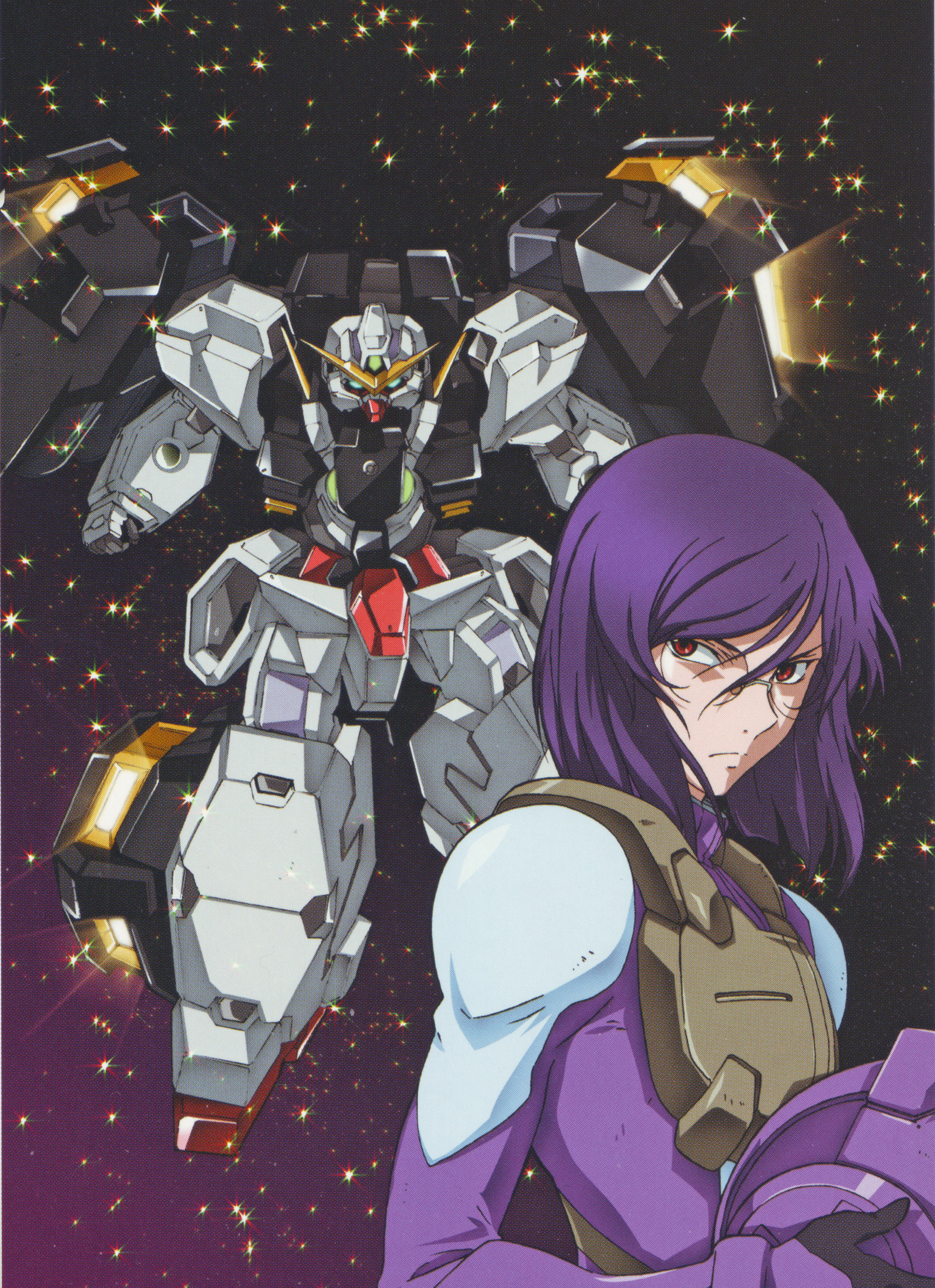 tieria erde, gundam, gundam 00, absurdres, highres, official art, scan, 00s, 1boy, glasses, helmet, male focus, mecha, robot, solo