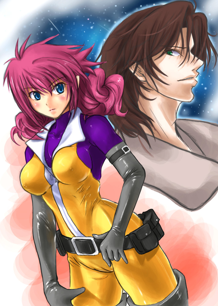 shimozuki hokouei, feldt grace, lockon stratos, gundam, gundam 00, 00s, blue eyes, blush, bodysuit, gloves, long hair, pink hair