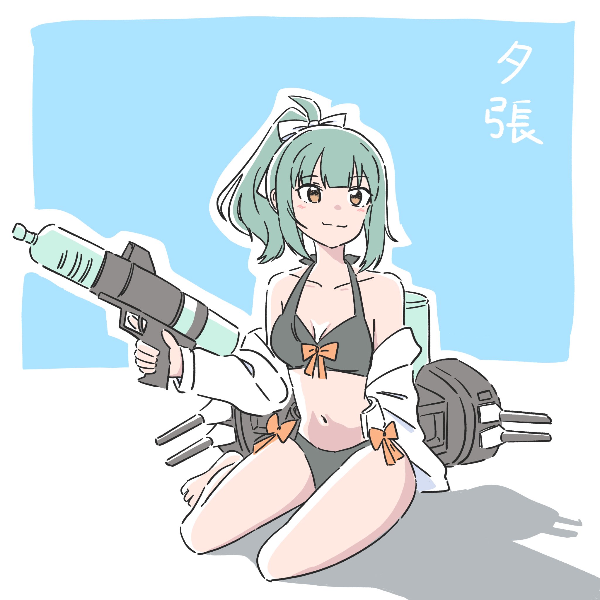 itota art, yuubari (kancolle), yuubari kai ni (kancolle), yuubari kai ni (swimsuit) (kancolle), kantai collection, highres, 1girl, adapted costume, ahoge, aqua background, barefoot, bikini, black bikini, brown eyes, character name, green hair, jacket, long hair, ponytail, sitting, solo, swimsuit, trigger discipline, water gun, white jacket, yokozuwari