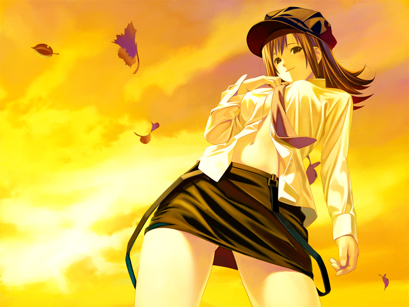 koutaro, tachibana mikage, pp: pianissimo, 1girl, autumn leaves, blush, breasts, brown eyes, brown hair, cloud, covered erect nipples, dress shirt, female focus, hat, large breasts, leaf, long hair, midriff, miniskirt, naughty face, navel, necktie, no bra, open clothes, open shirt, outdoors, parted bangs, pencil skirt, shirt, skirt, sky, smile, solo, standing, sunset, suspenders
