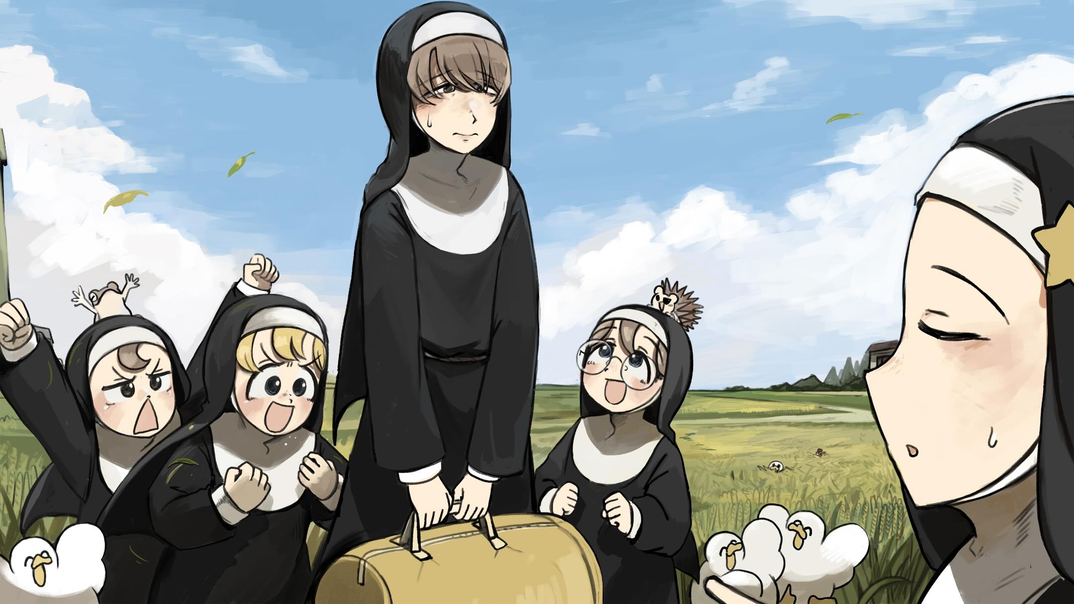 diva (hyxpk), clumsy nun (diva), froggy nun (diva), glasses nun (diva), shy nun (diva), star nun (diva), little nuns (diva), commentary, english commentary, highres, 5girls, :d, bird, blonde hair, blue eyes, brown eyes, brown hair, chicken, clenched hands, closed eyes, cloud, cloudy sky, duck, field, frog, frog on head, glasses, hedgehog, leaf, multiple girls, nun, open mouth, round eyewear, sky, smile, star ornament, traditional nun, triangle mouth, yellow bag