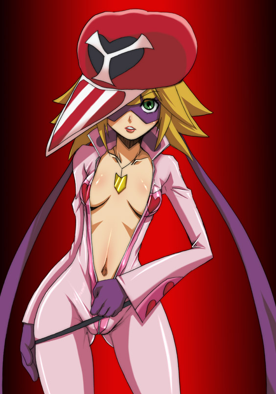 hirokawa kouichirou, ai-chan, kaminari ai, tatsunoko production, time bokan (series), yatterman, 1girl, blonde hair, bodysuit, breasts, center opening, female focus, glasses, green eyes, hat, medium breasts, open bodysuit, open clothes, open shirt, shirt, solo, sunglasses, thigh gap, thighs, unzipped
