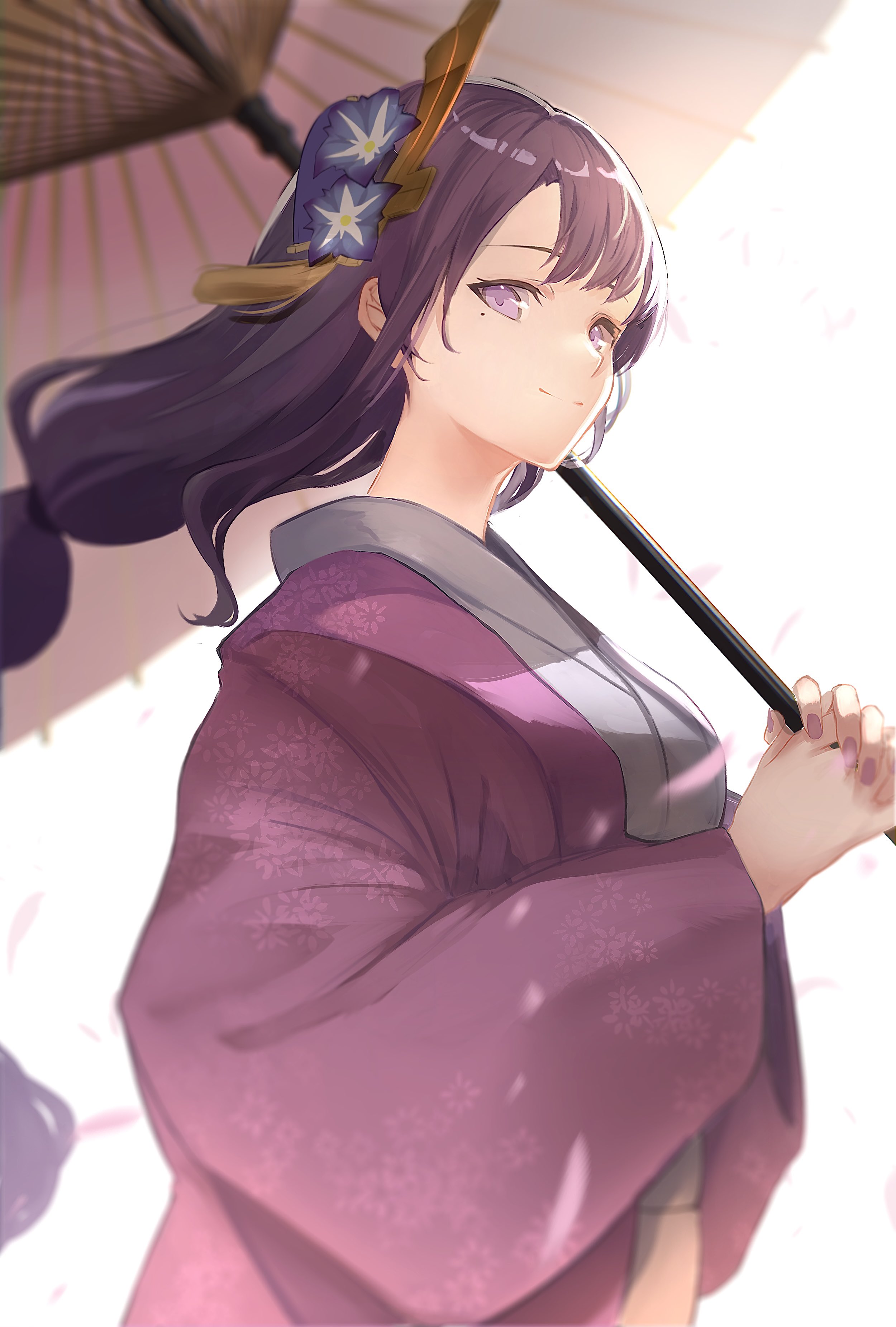 ymmt, raiden shogun, genshin impact, absurdres, commentary request, highres, 1girl, alternate costume, blunt bangs, blurry, blurry background, braid, cherry blossoms, closed mouth, falling petals, fan hair ornament, flower, flower ornament, from side, hair flowing over, hair ornament, happy, holding, holding umbrella, japanese clothes, kimono, light smile, long braid, long hair, long sleeves, looking at viewer, looking to the side, mole, mole under eye, oil-paper umbrella, petals, pink petals, purple eyes, purple flower, purple hair, purple nails, shade, single braid, solo, standing, umbrella, upper body, white background, wide sleeves