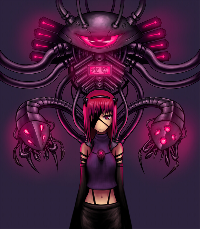 gia, bad id, bad pixiv id, 1girl, bug, elbow gloves, eyepatch, female focus, gloves, long hair, midriff, pink eyes, pink hair, robot, science fiction, solo
