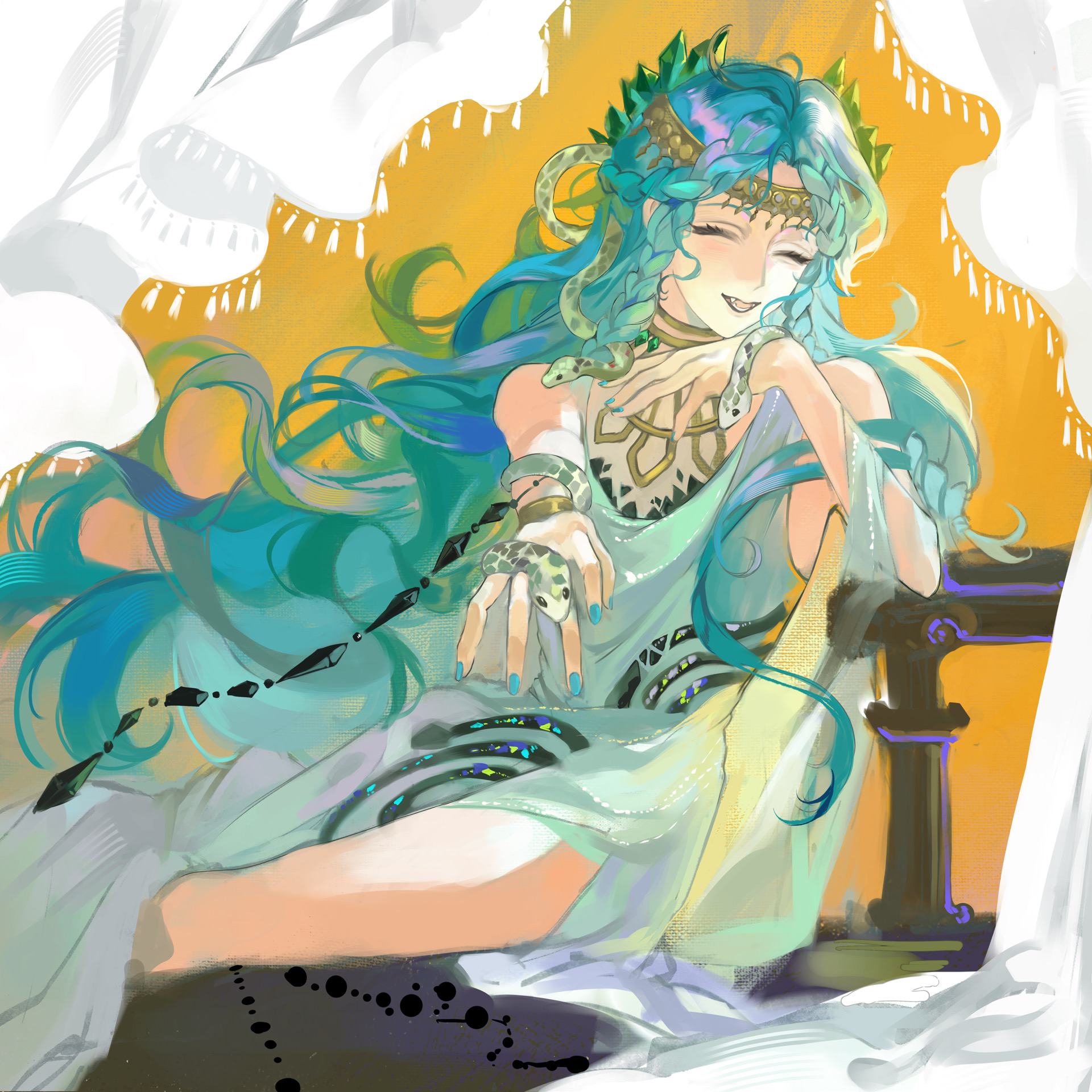 hissabeth, reverse:1999, highres, 1girl, ^ ^, bare shoulders, blue hair, closed eyes, curtains, dress, elbow on table, fang, feet out of frame, gem, gem hair ornament, gold choker, gold headband, green gemstone, hands up, long dress, long hair, official alternate costume, open mouth, outstretched arm, saigao jiang, side slit, sitting, sleeveless, sleeveless dress, smile, snake, snake on head, snake wrapped around arm, solo, table, teeth, very long hair, white dress, yellow background, yokozuwari