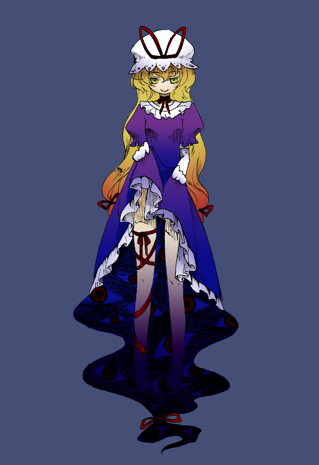 yoshida nishi, yakumo yukari, touhou, highres, 1girl, blonde hair, dress, female focus, gloves, hat, simple background, solo, yellow eyes