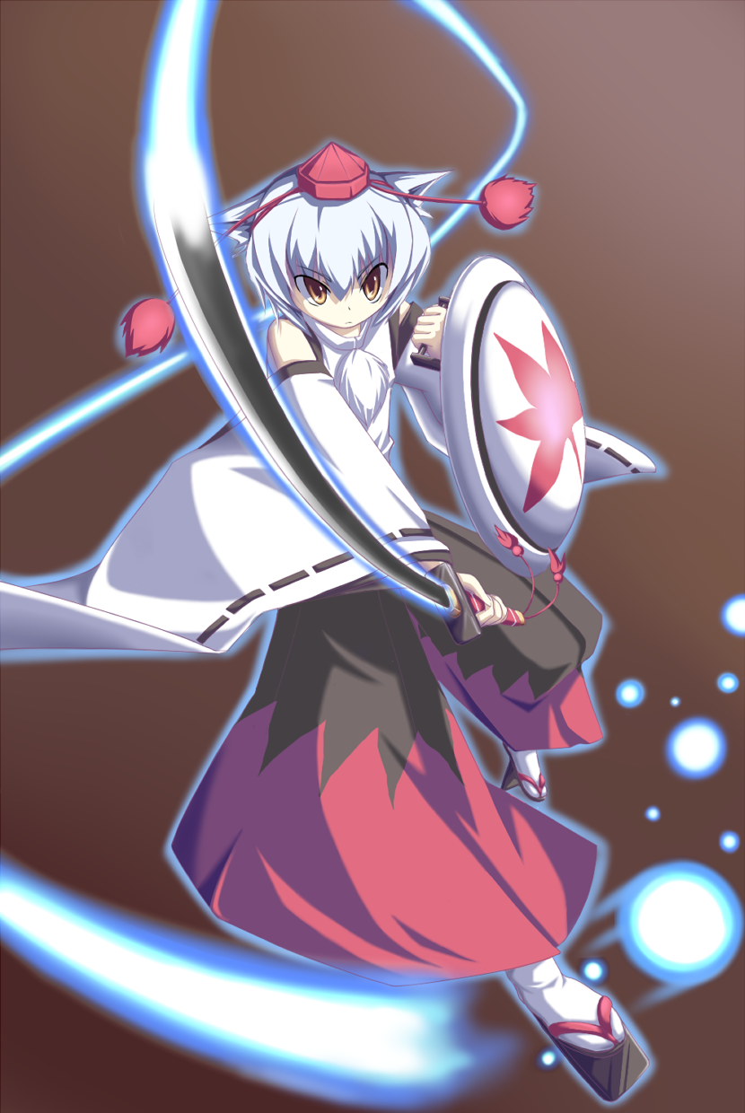mendou saya, inubashiri momiji, touhou, bad id, bad pixiv id, highres, 1girl, animal ears, dog ears, female focus, geta, japanese clothes, long skirt, shield, short hair, skirt, solo, sword, tengu-geta, weapon, white hair, wolf ears