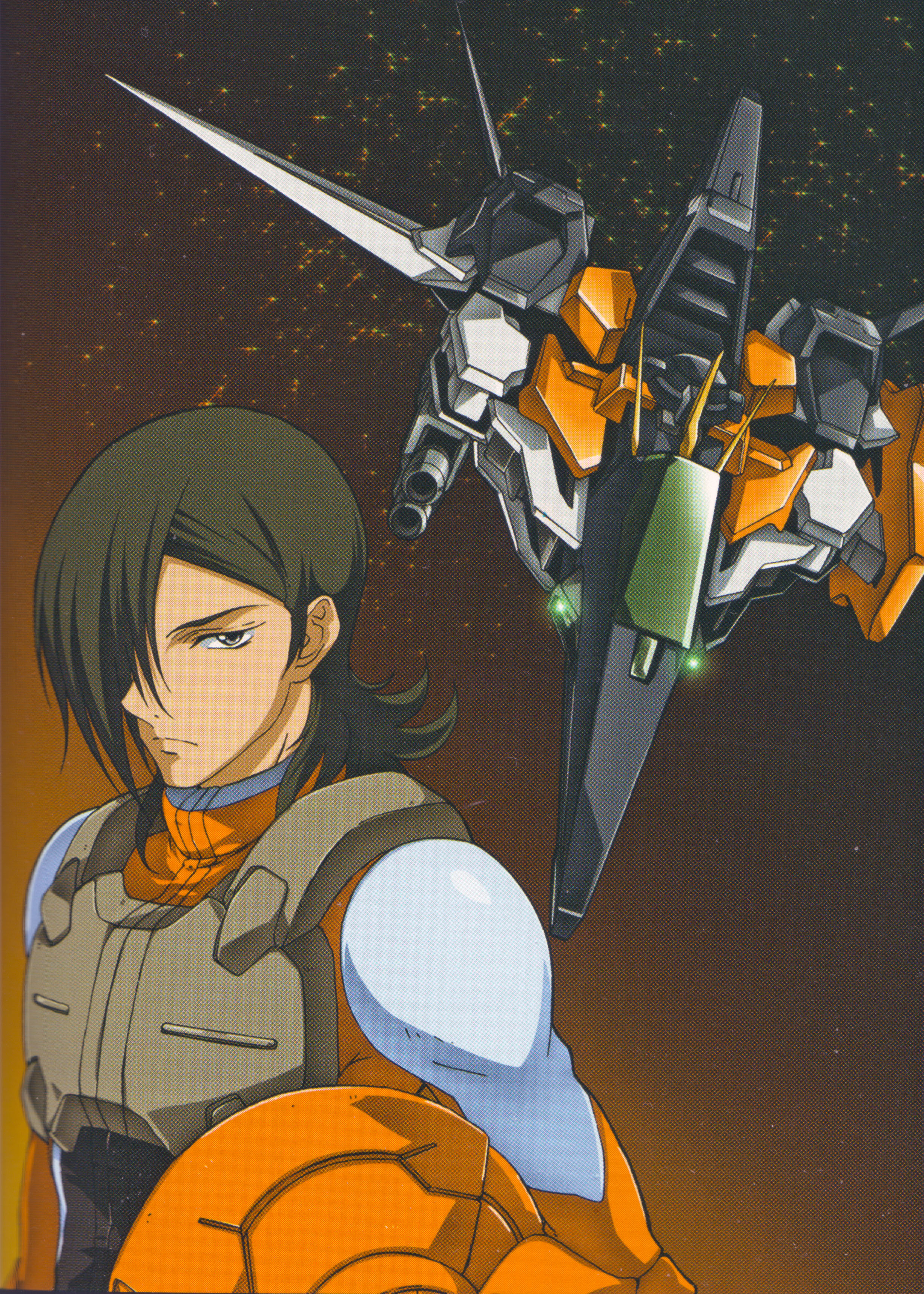 chiba michinori, allelujah haptism, gundam kyrios, kyrios, gundam, gundam 00, absurdres, highres, official art, 00s, 1boy, green hair, hair over one eye, helmet, male focus, mecha, robot, solo