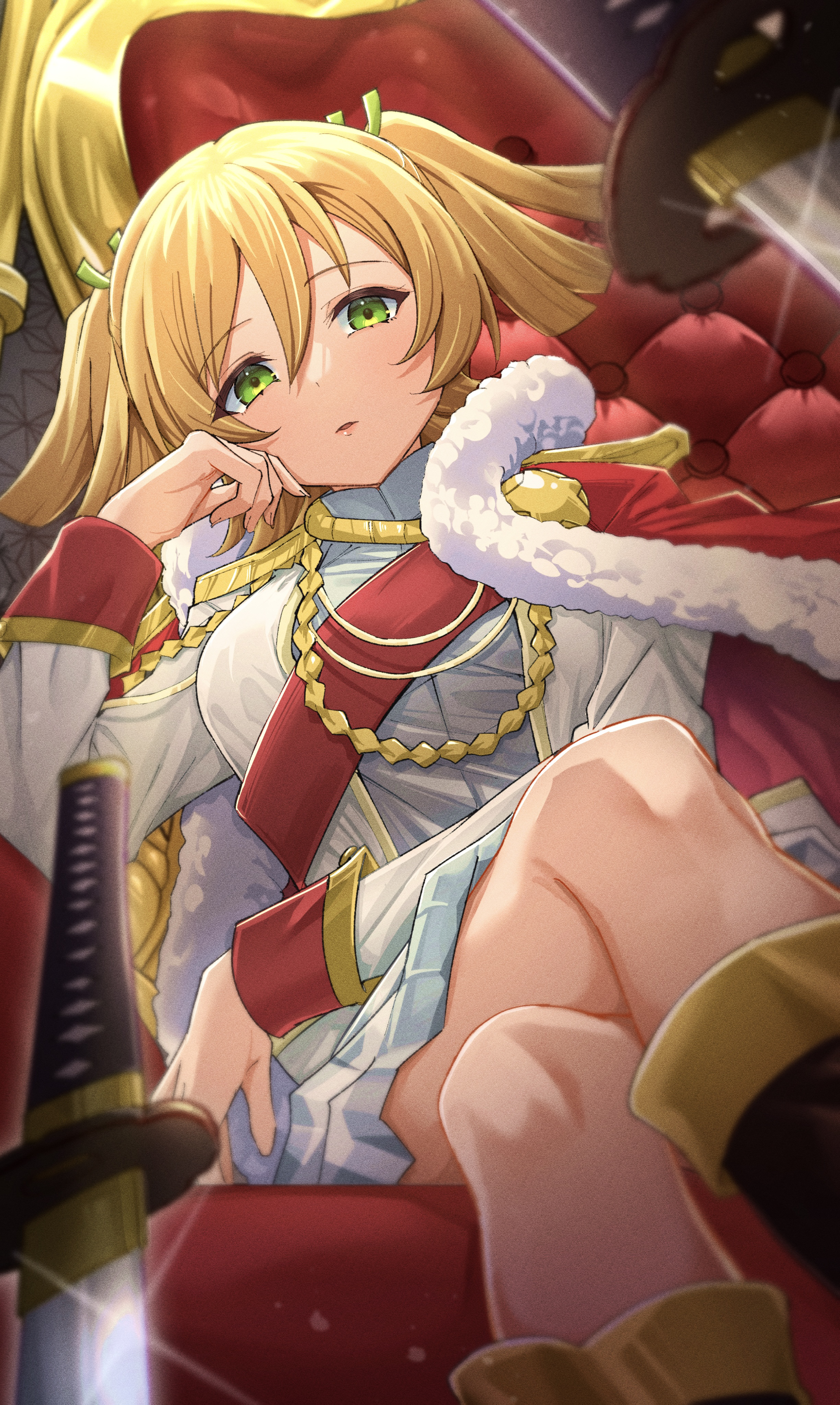 maritani (etetacunk), daiba nana, shoujo kageki revue starlight, absurdres, commentary, highres, 1girl, aiguillette, arm on thigh, black boots, blonde hair, blurry, blurry foreground, boots, breasts, crossed legs, elbow rest, epaulettes, feet out of frame, from below, fur-trimmed jacket, fur trim, glint, green eyes, green ribbon, grey skirt, hair between eyes, hair ribbon, hand on own cheek, hand on own face, indoors, jacket, jacket on shoulders, katana, knee boots, long sleeves, looking at viewer, medium breasts, miniskirt, parted lips, planted, planted sword, planted weapon, pleated skirt, red jacket, red sash, ribbon, sash, short hair, short twintails, shoulder sash, sitting, sitting on throne, skirt, solo, sword, throne, twintails, weapon, white jacket