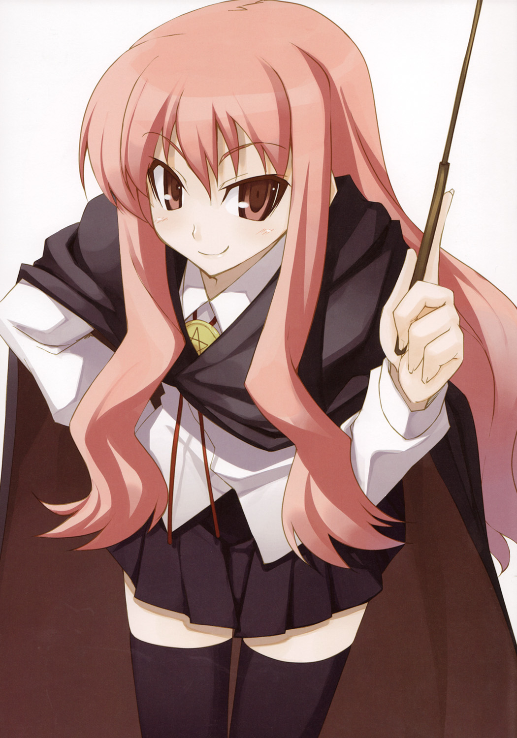 shingo (missing link), louise francoise le blanc de la valliere, zero no tsukaima, highres, non-web source, 00s, 1girl, black thighhighs, cape, female focus, long hair, pentacle, pink hair, red eyes, solo, thighhighs, wand, zettai ryouiki