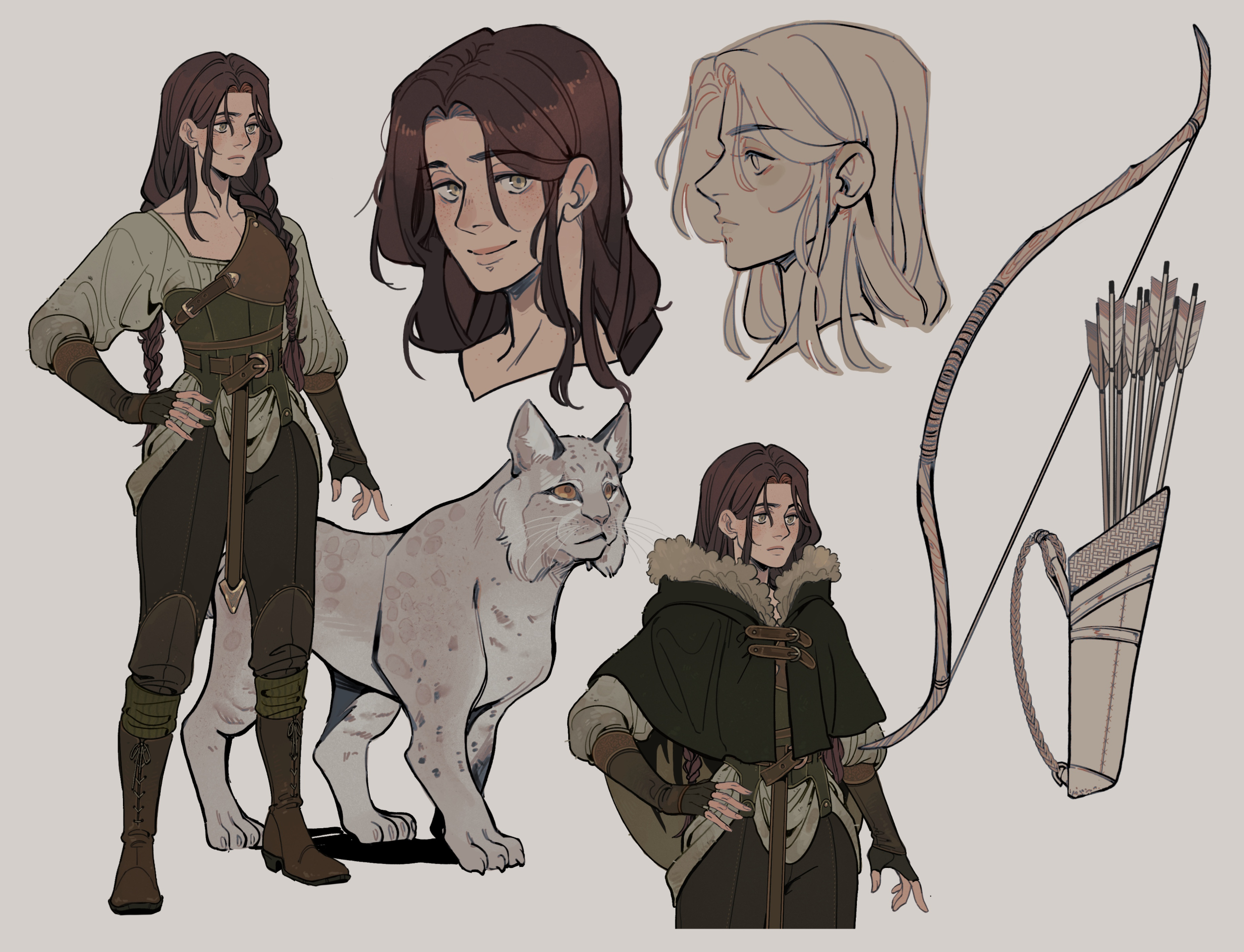 wicksandwheat, lynx, original, commission, highres, 1girl, animal, arrow (projectile), belt, belt buckle, boots, bow (weapon), braid, brown boots, brown eyes, brown hair, brown pants, buckle, cat, collarbone, elbow gloves, fingerless gloves, freckles, full body, fur trim, gloves, hair between eyes, hair over shoulder, hands on own hips, knee boots, long hair, long sleeves, looking at viewer, multiple views, muneate, pants, poncho, portrait, profile, quiver, reference sheet, simple background, smile, twin braids, weapon