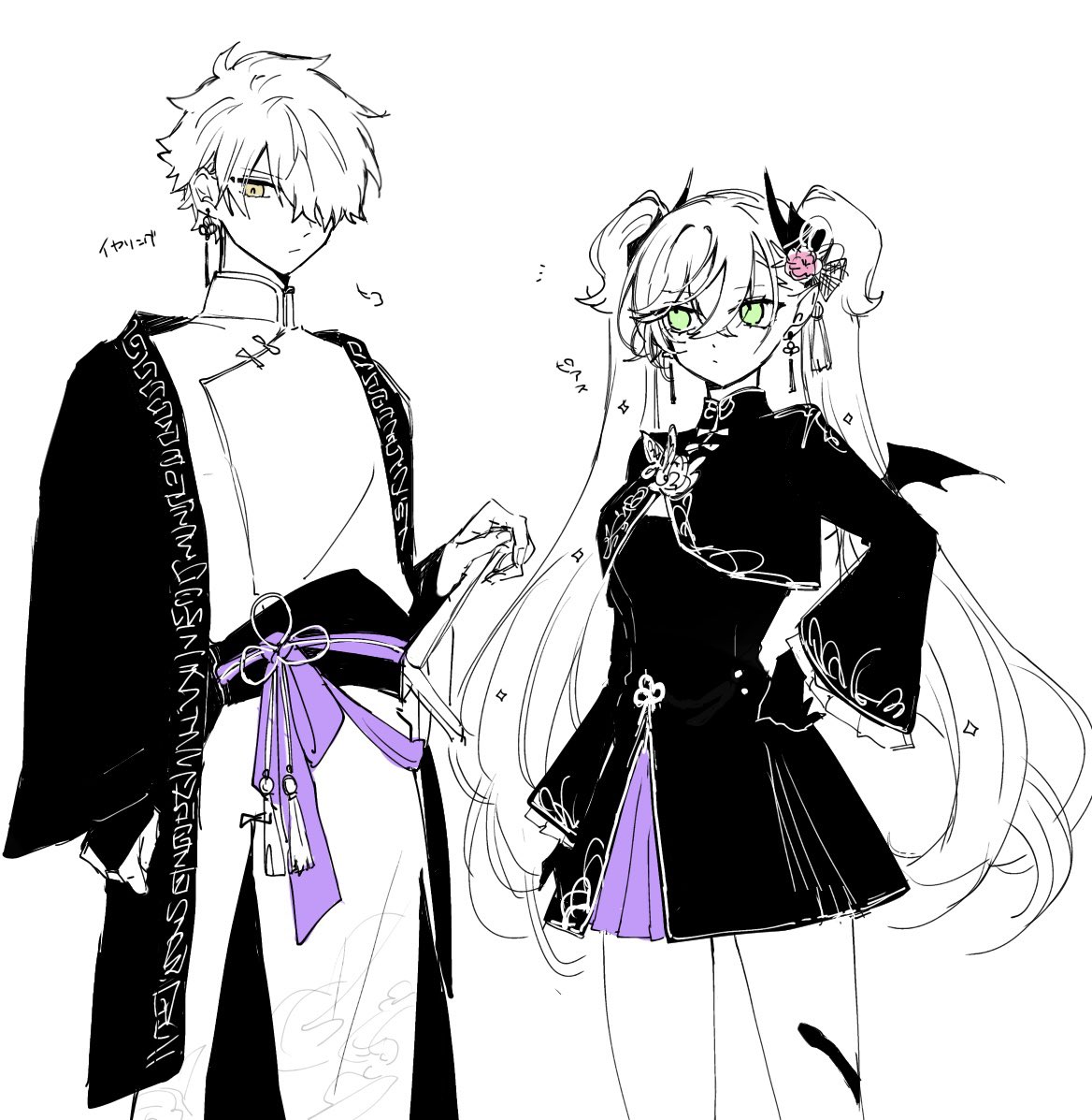 mo (aabx315), galahad (fate), lilith (fate), fate/grand order, fate (series), 1boy, 1girl, bat wings, black claws, collared shrug, cowboy shot, earrings, expressionless, green eyes, hair between eyes, hair over one eye, hand on own hip, high collar, holding, holding sword, holding weapon, horns, jacket, jewelry, long hair, long sleeves, looking at another, looking at viewer, monochrome, sash, shrug (clothing), spot color, standing, sword, sword hilt, tassel, tassel earrings, twintails, weapon, wings, yellow eyes