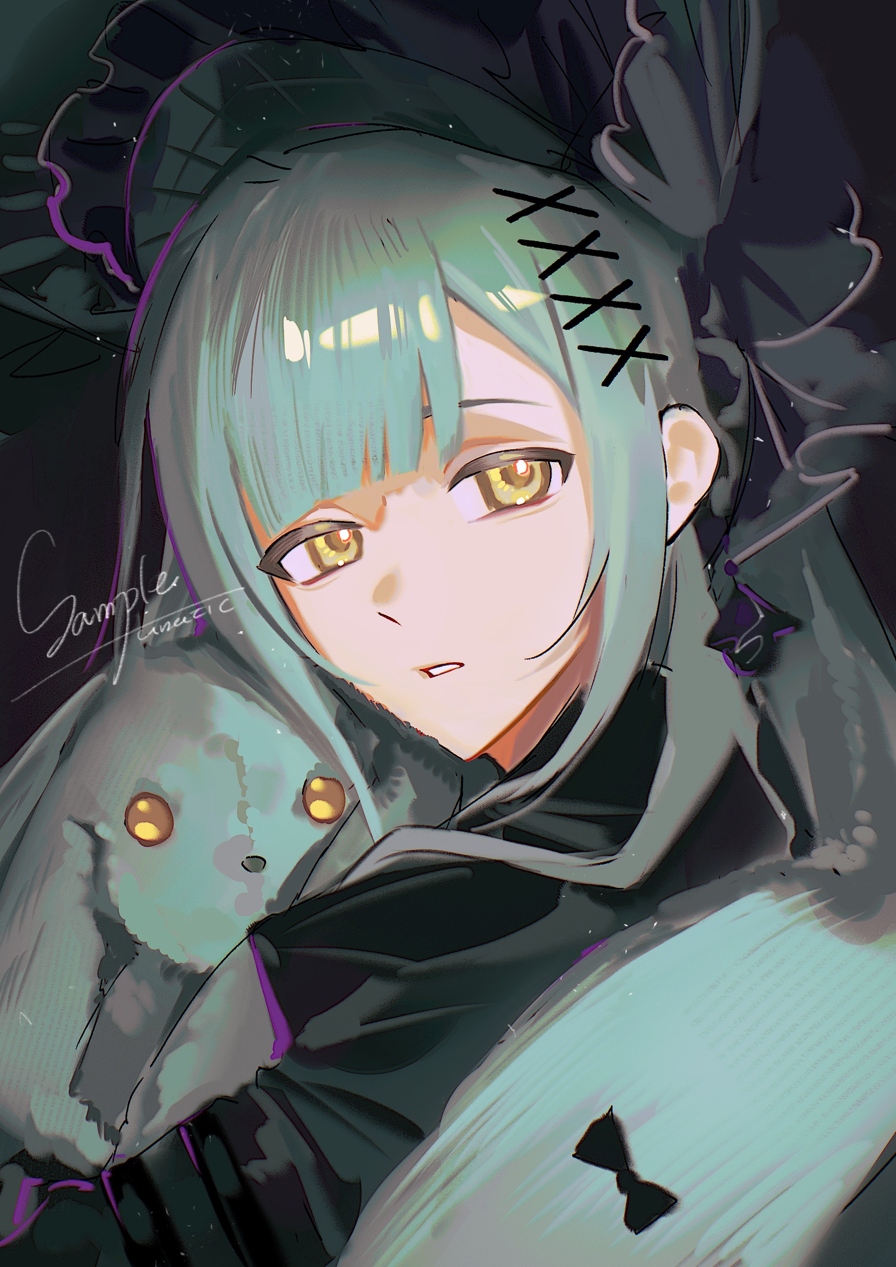 wakaba mutsumi, arknights, bang dream!, bang dream! it's mygo!!!!!, absurdres, chinese commentary, commentary request, highres, 1girl, animal ears, black bonnet, bonnet, floppy ears, gothic lolita, green hair, hair ornament, holding, holding stuffed toy, lolita fashion, long hair, looking at viewer, parted lips, rabbit ears, rabbit girl, sidelocks, solo, stuffed animal, stuffed rabbit, stuffed toy, upper body, wakaba mutsumi (marionette's id), x hair ornament, yellow eyes, zhuazhuazhuazou