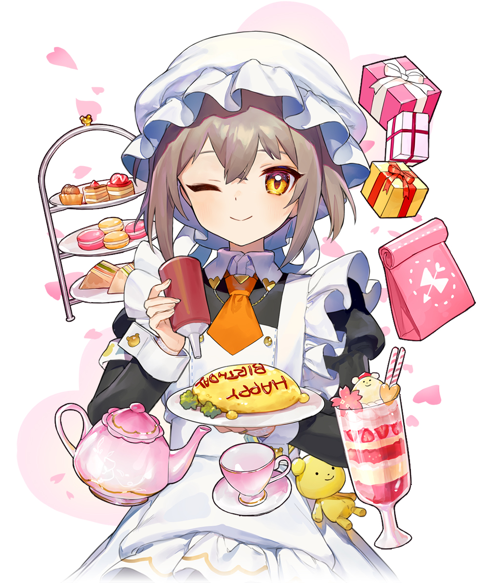 ainy, indie virtual youtuber, commentary request, 1girl, ;), apron, black dress, blush, box, brown hair, closed mouth, cowboy shot, cup, dress, drinking glass, food, food writing, frilled apron, frills, gift, gift box, hat, juliet sleeves, long sleeves, looking at viewer, macaron, maid, mob cap, necktie, omelet, omurice, one eye closed, orange necktie, plate, puffy sleeves, sandwich, saucer, short hair, short necktie, smile, solo, teacup, teapot, totowa hatsuka, virtual youtuber, white apron, white hat, yellow eyes