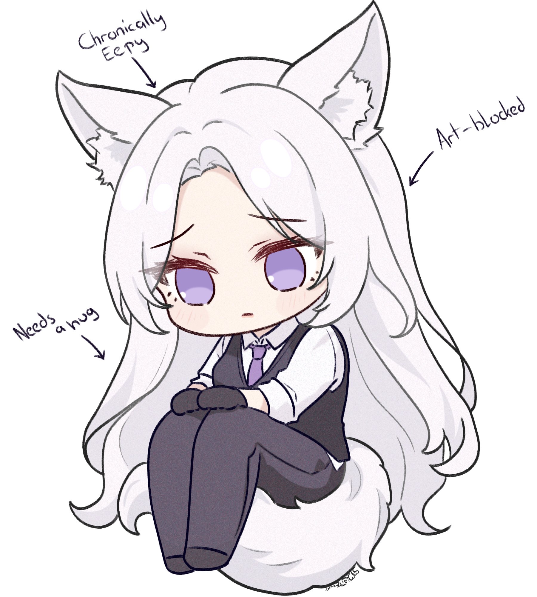 samlatte, original, highres, 1girl, animal ear fluff, animal ears, black gloves, black pants, black vest, chibi, chibi only, closed mouth, collared shirt, english text, fox ears, fox girl, fox tail, gloves, iris (samlatte), necktie, pants, purple eyes, purple necktie, sad, shirt, signature, simple background, solo, tail, vest, white background, white shirt