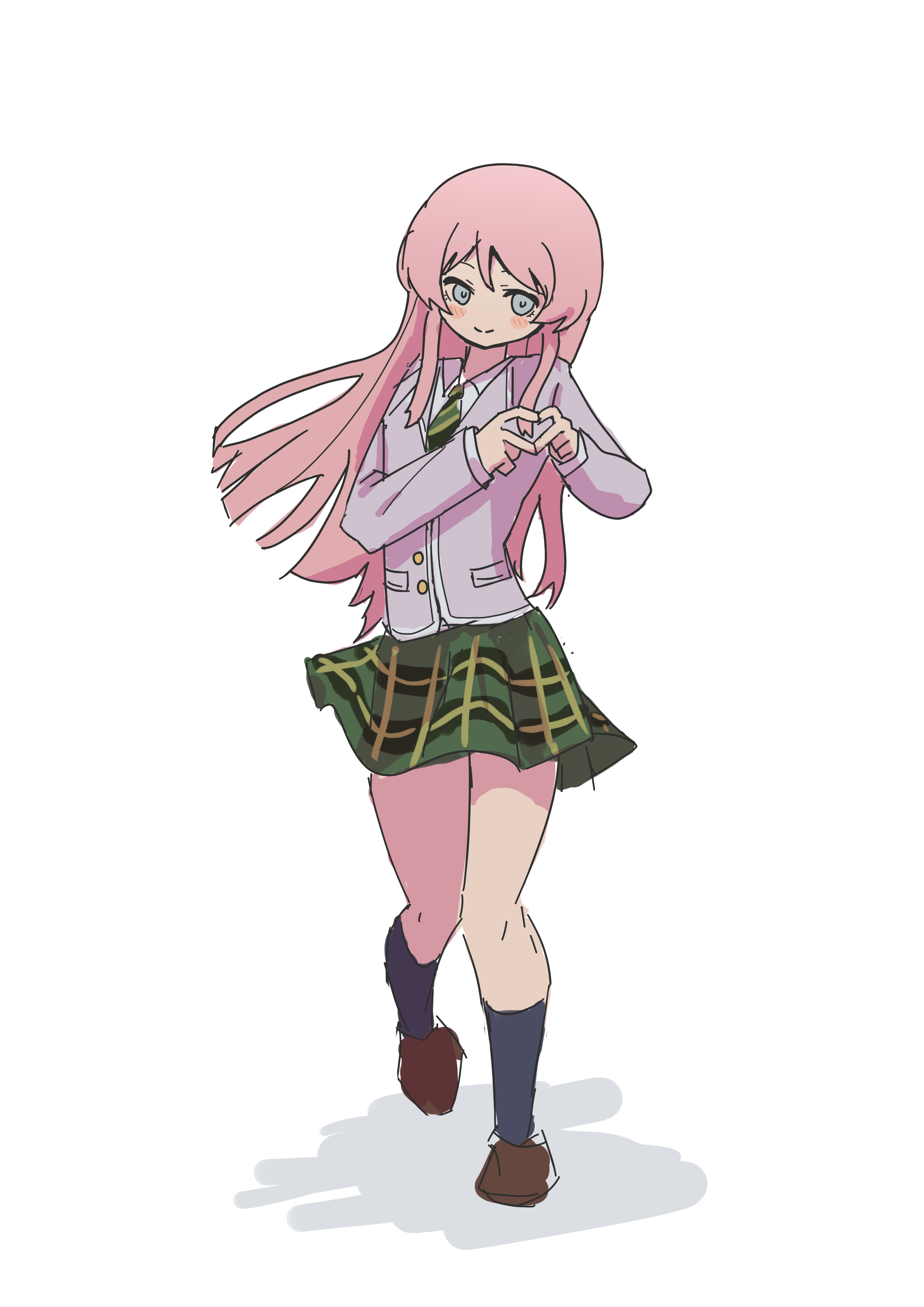 yanyutong64, chihaya anon, bang dream!, bang dream! it's mygo!!!!!, absurdres, highres, blush, dress, green necktie, grey eyes, grey jacket, haneoka school uniform, jacket, long hair, mygo!!!!! (bang dream!), necktie, pink hair, school uniform, simple background, white background