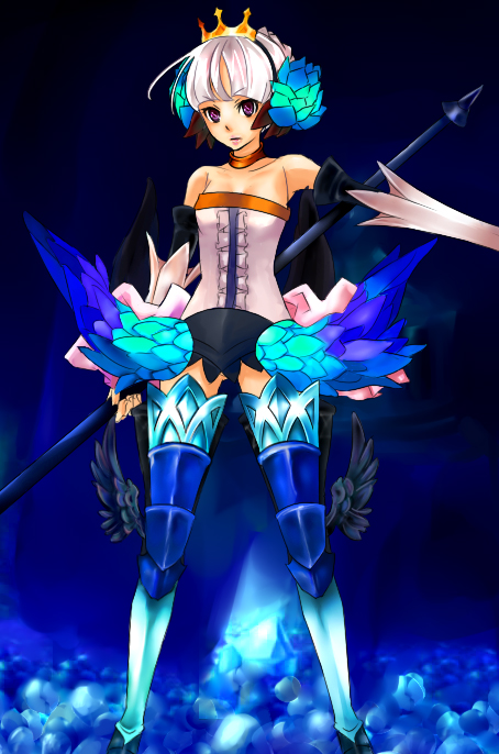 chako nejio, gwendolyn (odin sphere), kazuki, odin sphere, bad id, bad pixiv id, 1girl, armor, armored dress, bare shoulders, blue background, blue theme, boots, crown, dress, female focus, hat, holding behind back, holding polearm, holding polearm behind back, holding weapon, holding weapon behind back, multicolored wings, polearm, purple eyes, solo, strapless, strapless dress, thigh boots, thighhighs, tube dress, white hair, wings