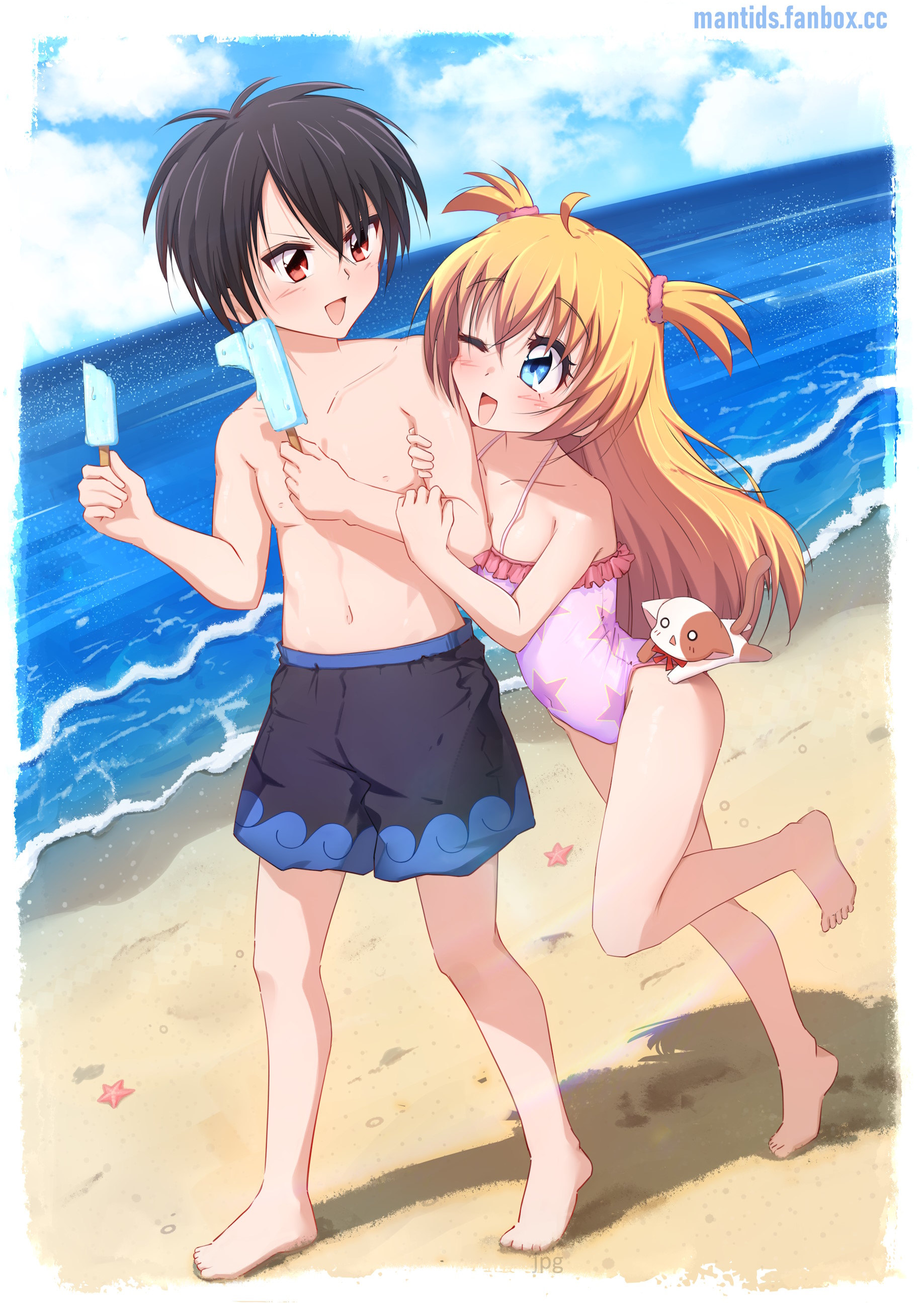 twintails (mantids), na-san, tsukishima kirari, kirarin revolution, absurdres, commentary, english commentary, highres, 1boy, 1girl, barefoot, beach, black hair, black shorts, blue sky, casual one-piece swimsuit, cloud, couple, day, dog, food, hetero, horizon, kazama hiroto, ocean, one-piece swimsuit, one eye closed, outdoors, pink one-piece swimsuit, popsicle, red eyes, short hair, shorts, sky, star (symbol), star print, swimsuit, waves