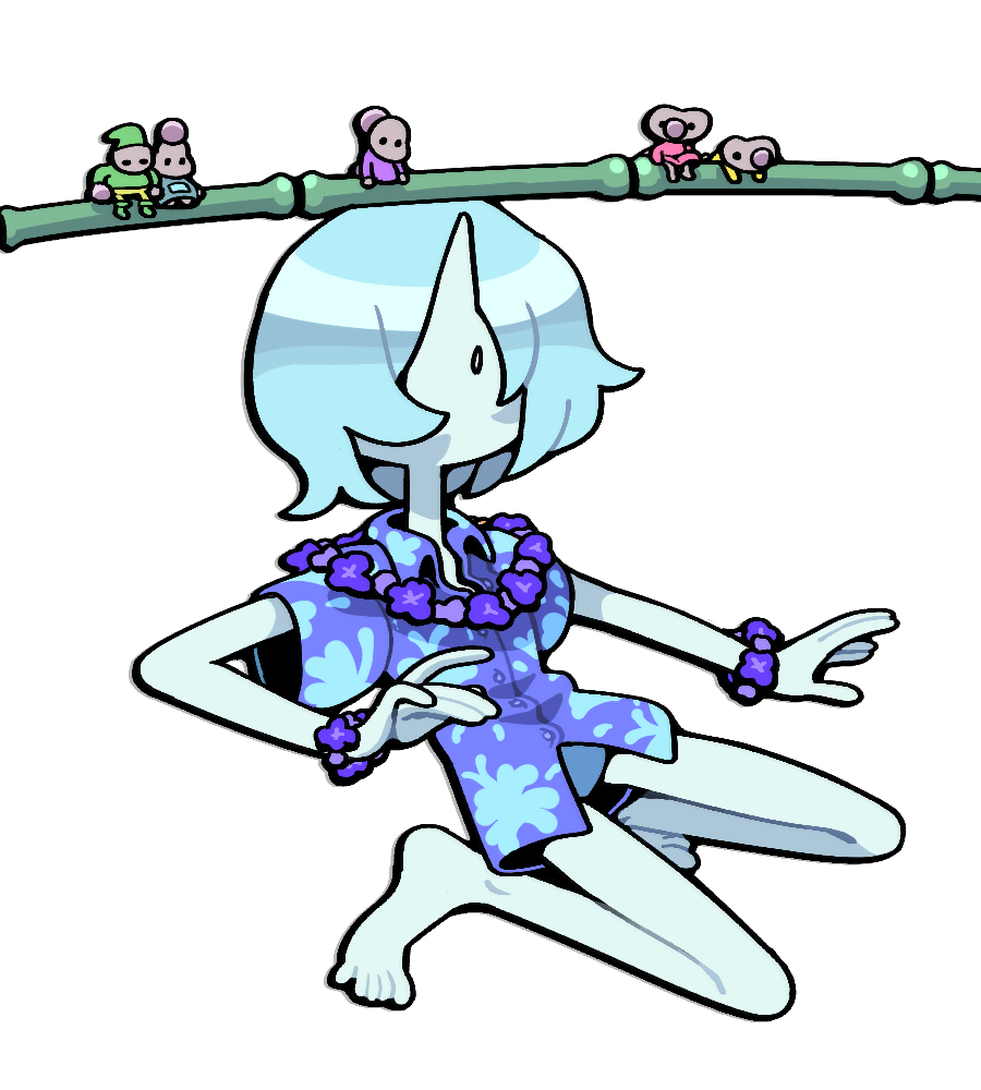 discount-supervillain, blue pearl (steven universe), steven universe, alternate costume, barefoot, blue hair, colored skin, feet, flower, flower necklace, hair over eyes, hawaiian shirt, jewelry, lei, mini person, necklace, pearl (species) (steven universe), pebble (steven universe), shirt, solo focus