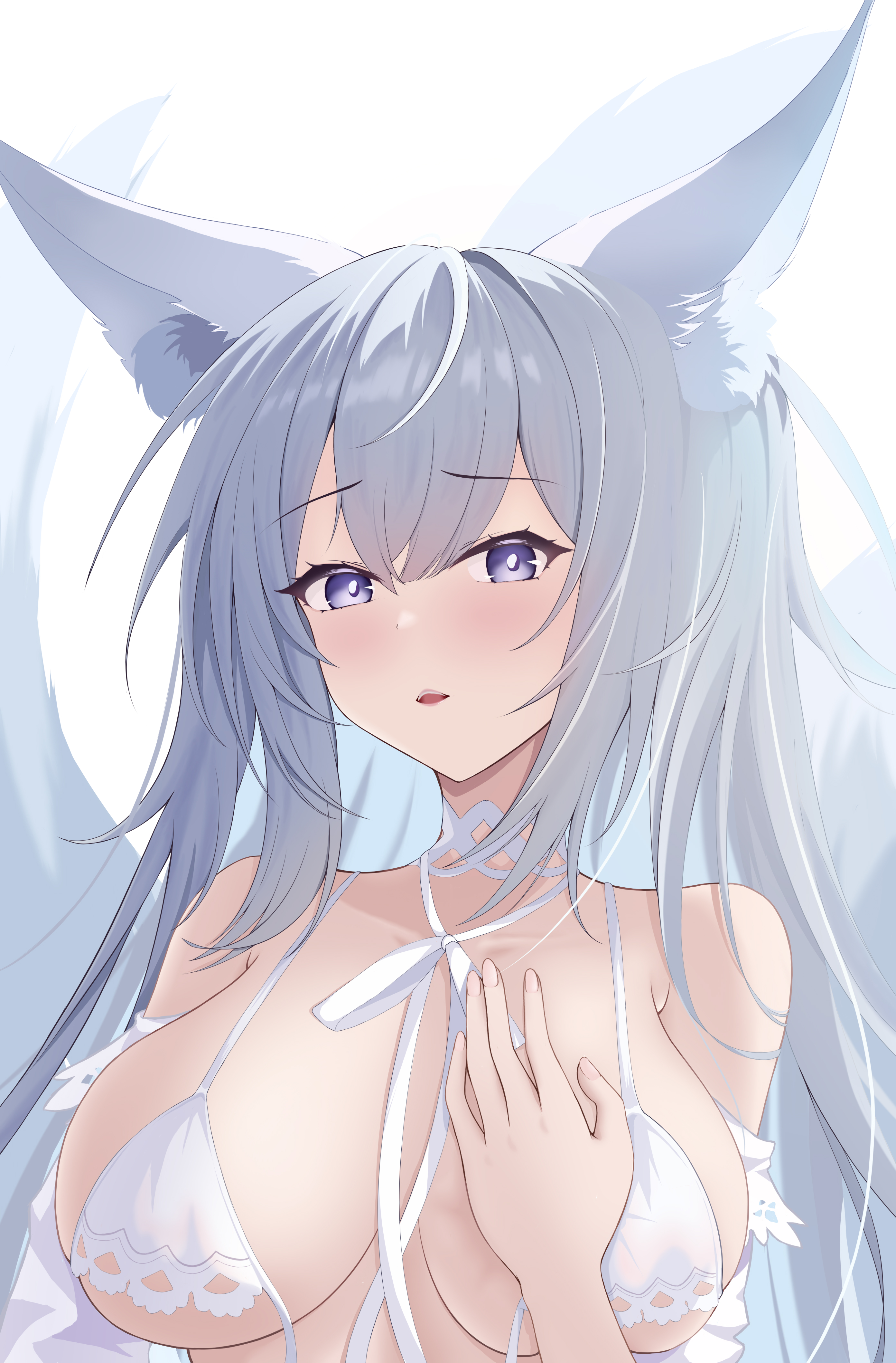 shinano (azur lane), shinano (dreamy white sands) (azur lane), azur lane, absurdres, commentary request, highres, 1girl, animal ear fluff, animal ears, bikini, breasts, fox ears, fox girl, fox tail, grey hair, kitsune, kyuubi, large breasts, large tail, long hair, looking at viewer, multiple tails, official alternate costume, purple eyes, simple background, solo, swimsuit, tail, untied bikini top, upper body, white background, white bikini, white tail, yun zhumin