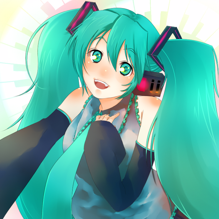 chako nejio, hatsune miku, kazuki, vocaloid, bad id, bad pixiv id, 1girl, blue eyes, blue hair, detached sleeves, female focus, long hair, matching hair/eyes, solo, twintails