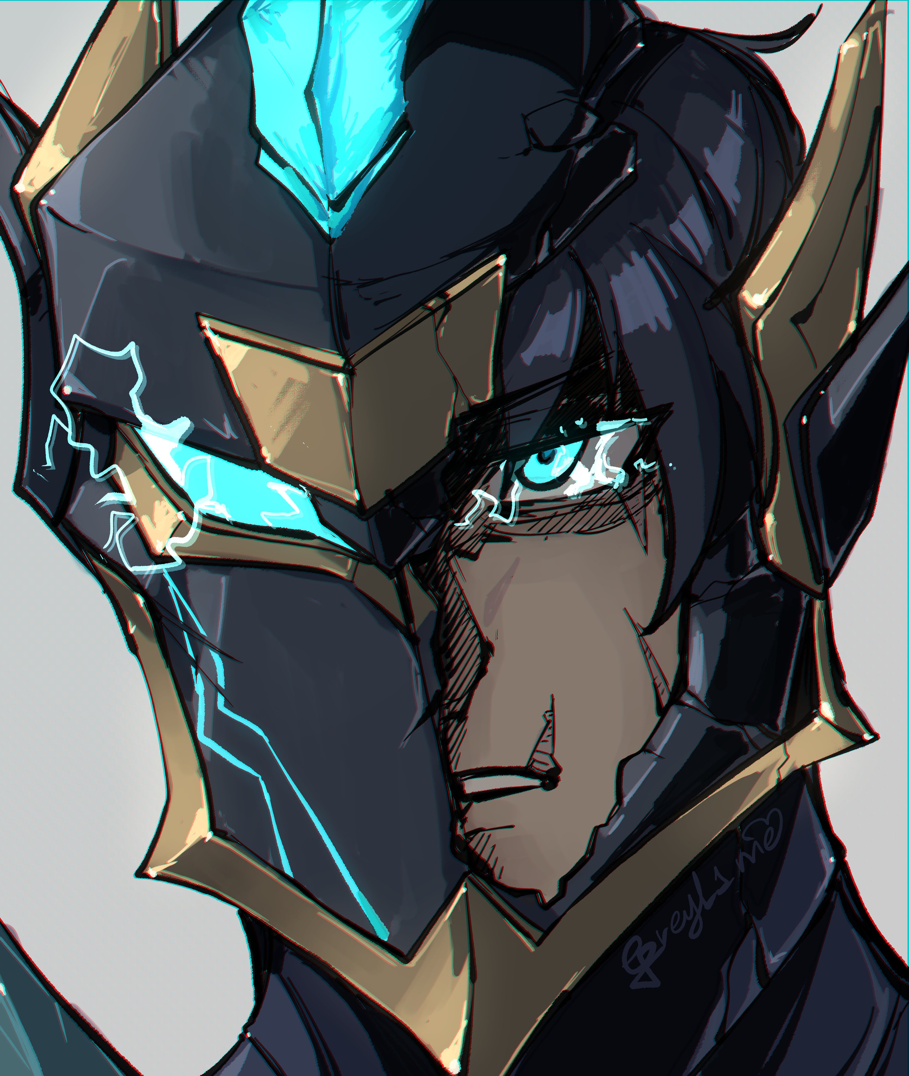 greyl1me, e-soul (to be hero x), to be hero, to be hero x, absurdres, highres, 1boy, armor, black hair, blue eyes, cracked mask, electric eyes, electricity, electrokinesis, glowing, glowing eye, gold trim, grey armor, male focus, power armor, scar, solo