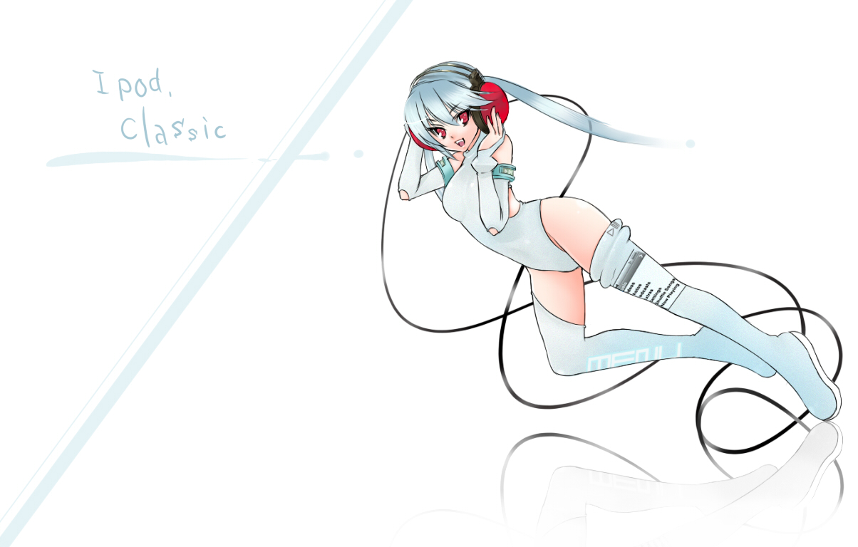 chako nejio, kazuki kotobuki, ipod-tan, apple inc., bad id, bad pixiv id, 1girl, digital media player, elbow gloves, female focus, gloves, headphones, ipod, legs, leotard, red eyes, solo, thighhighs