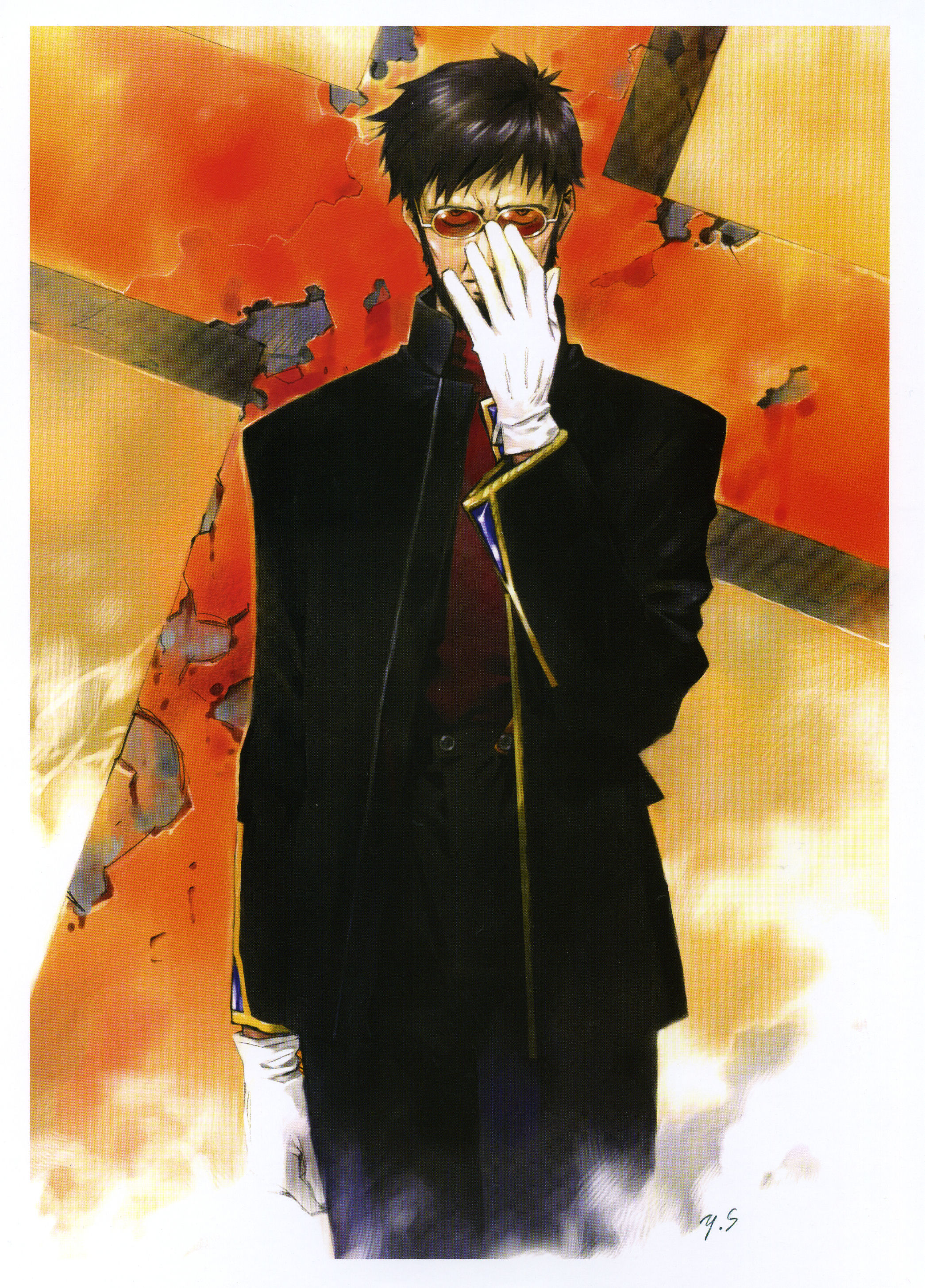 sadamoto yoshiyuki, ikari gendou, neon genesis evangelion, absurdres, highres, scan, 1boy, adjusting eyewear, cross, glasses, gloves, male focus, solo, sunglasses