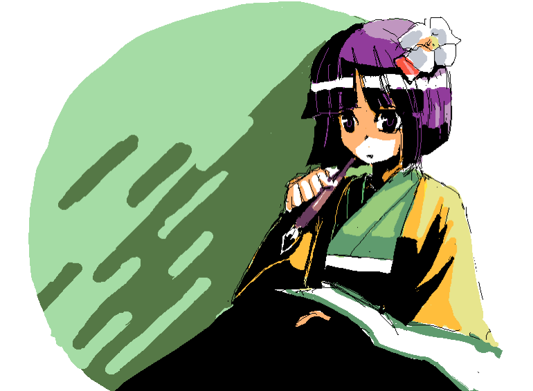 kumadano, hieda no akyuu, perfect memento in strict sense, touhou, bad id, bad pixiv id, 1girl, calligraphy brush, female focus, flower, japanese clothes, paintbrush, purple hair, solo