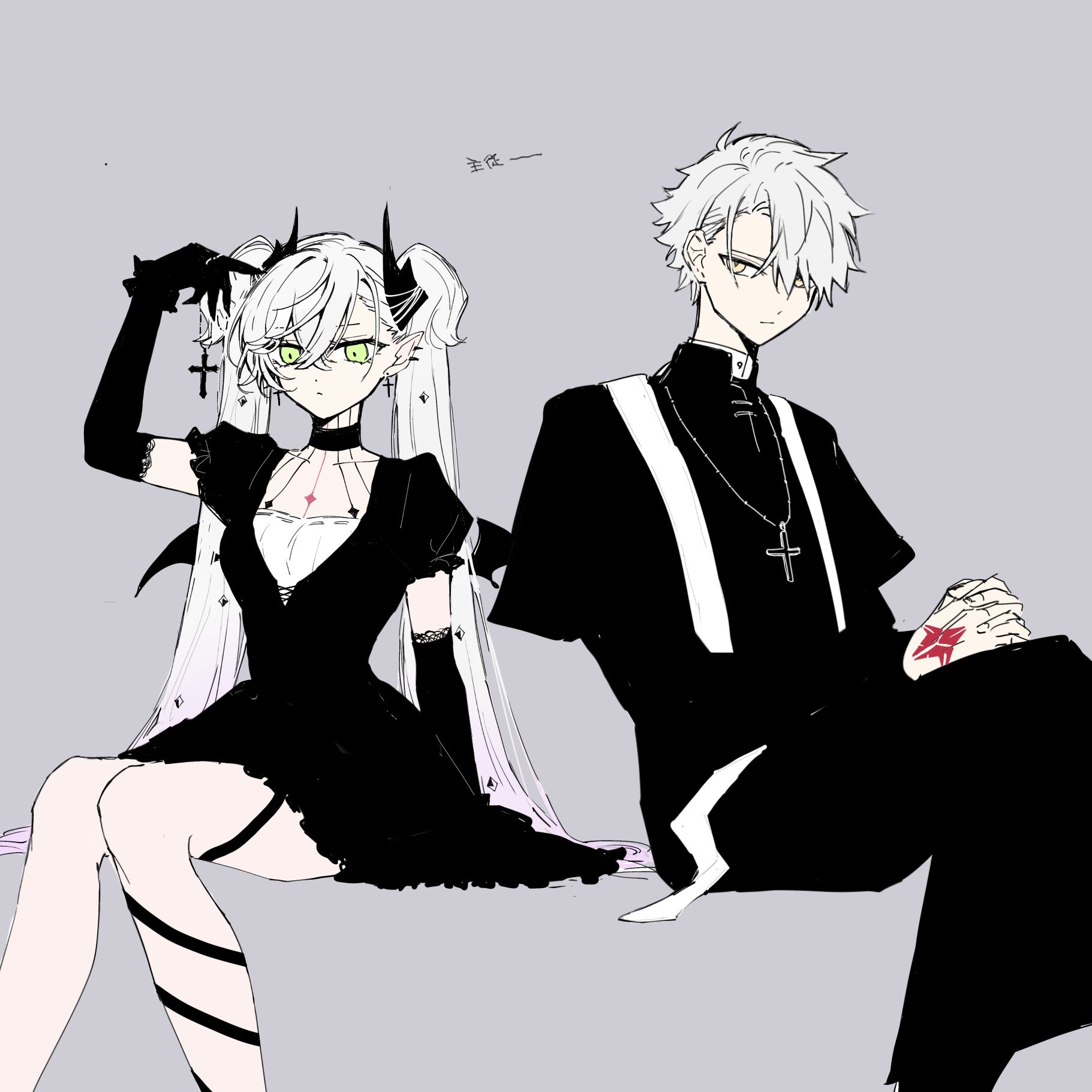 mo (aabx315), galahad (fate), lilith (fate), fate/grand order, fate (series), highres, 1boy, 1girl, black dress, cassock, clerical collar, command spell, cross, dress, elbow gloves, gloves, gradient hair, grey background, hair between eyes, hair over one eye, horns, latin cross, long hair, looking at object, looking at viewer, multicolored hair, priest, short hair, short sleeves, simple background, sitting, stole