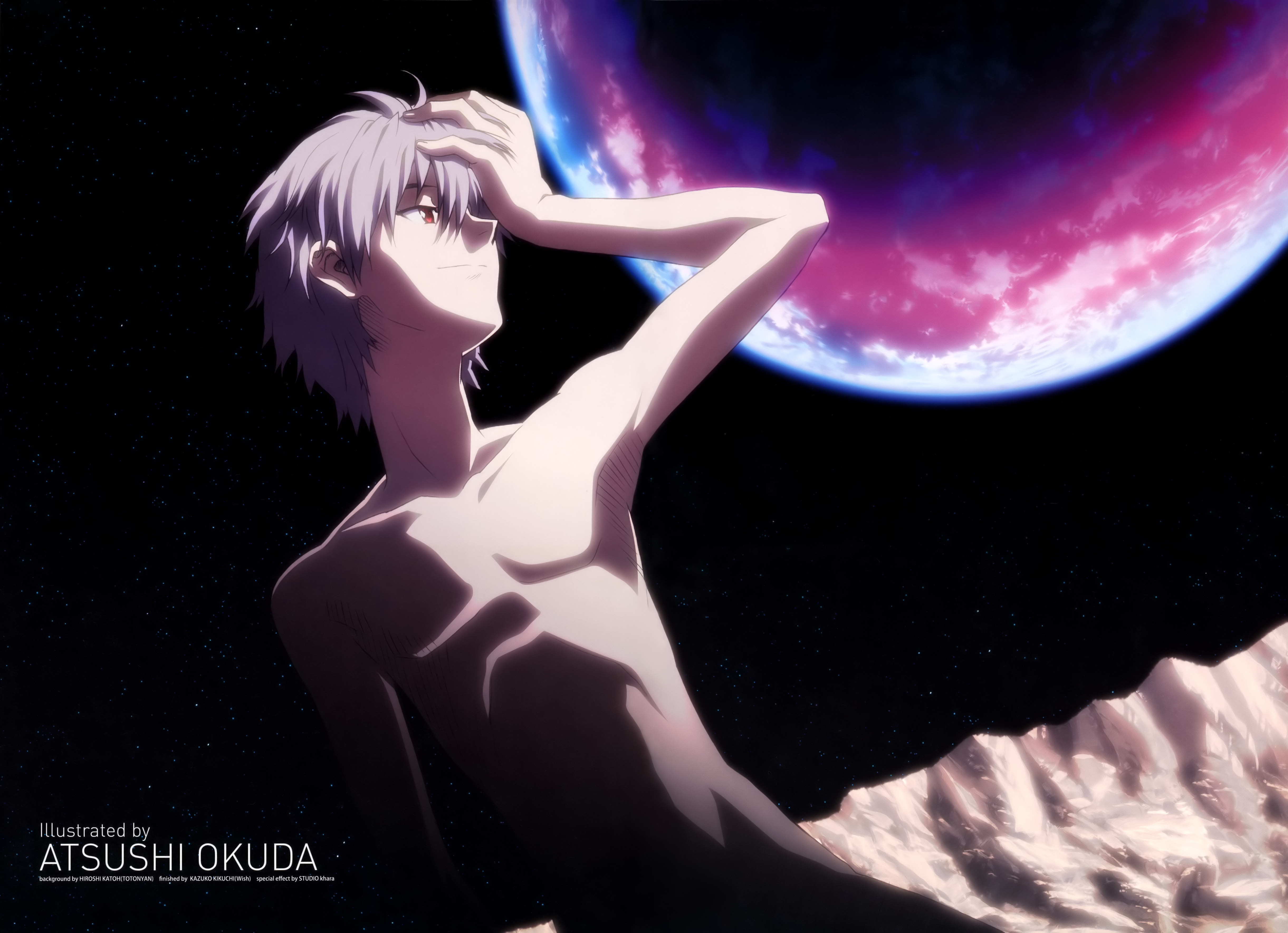 okuda atsushi, nagisa kaworu, evangelion: 1.0 you are (not) alone, neon genesis evangelion, rebuild of evangelion, silver hair, absurdres, highres, official art, 00s, 1boy, armpits, completely nude, hand on own head, male focus, moon, night, night sky, nude, red eyes, sky, smile, solo